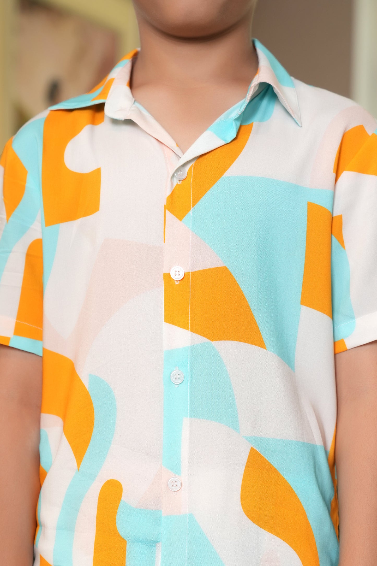 Boy’s Abstract Co-Ord Set – Turquoise & Orange Shirt & Shorts