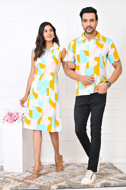 Couple Matching Abstract Co-Ord Set – Turquoise & Orange Vacation Outfit
