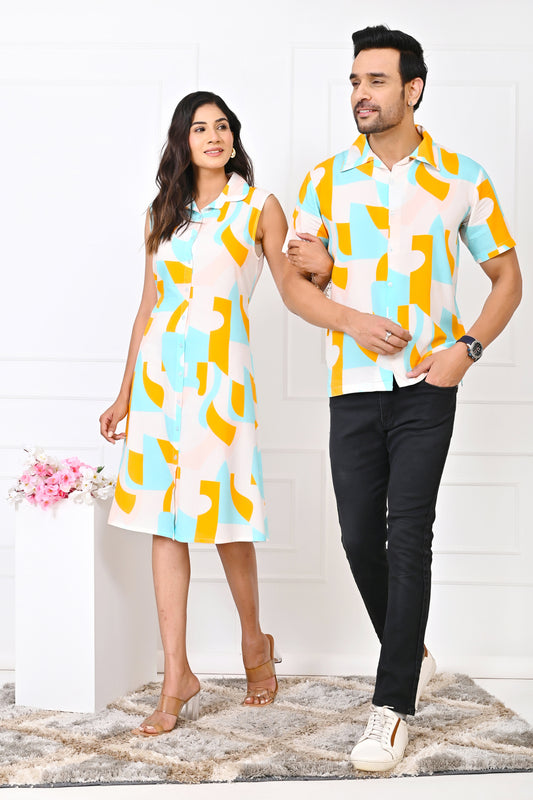 Couple Matching Abstract Co-Ord Set – Turquoise & Orange Vacation Outfit