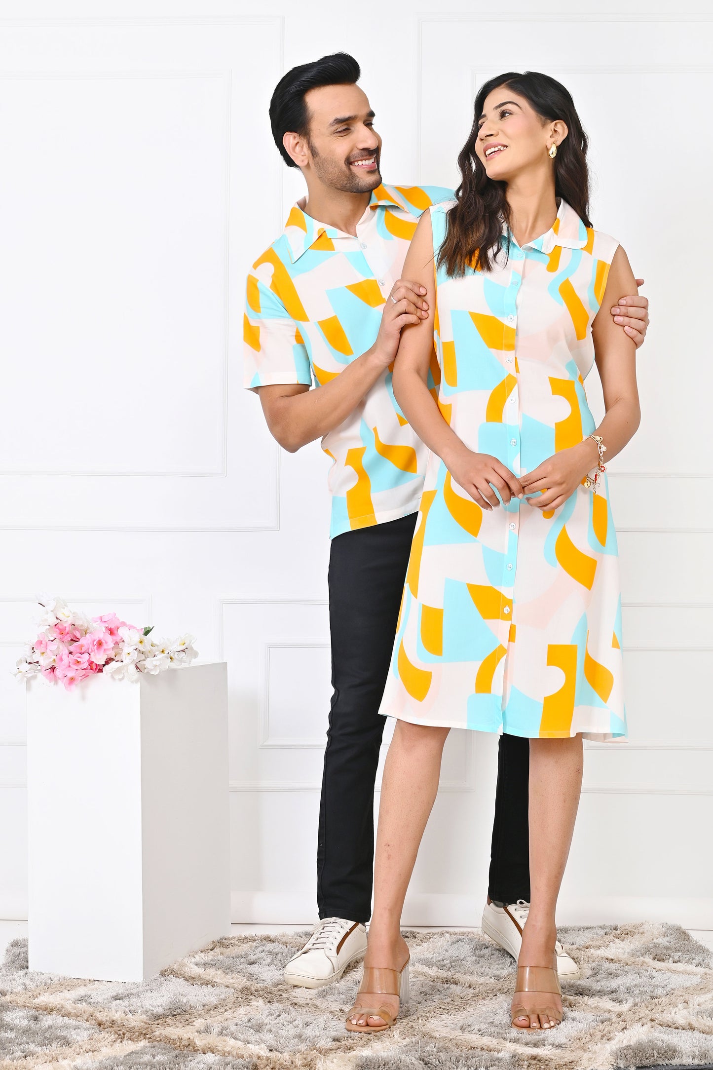 Couple Matching Abstract Co-Ord Set – Turquoise & Orange Vacation Outfit