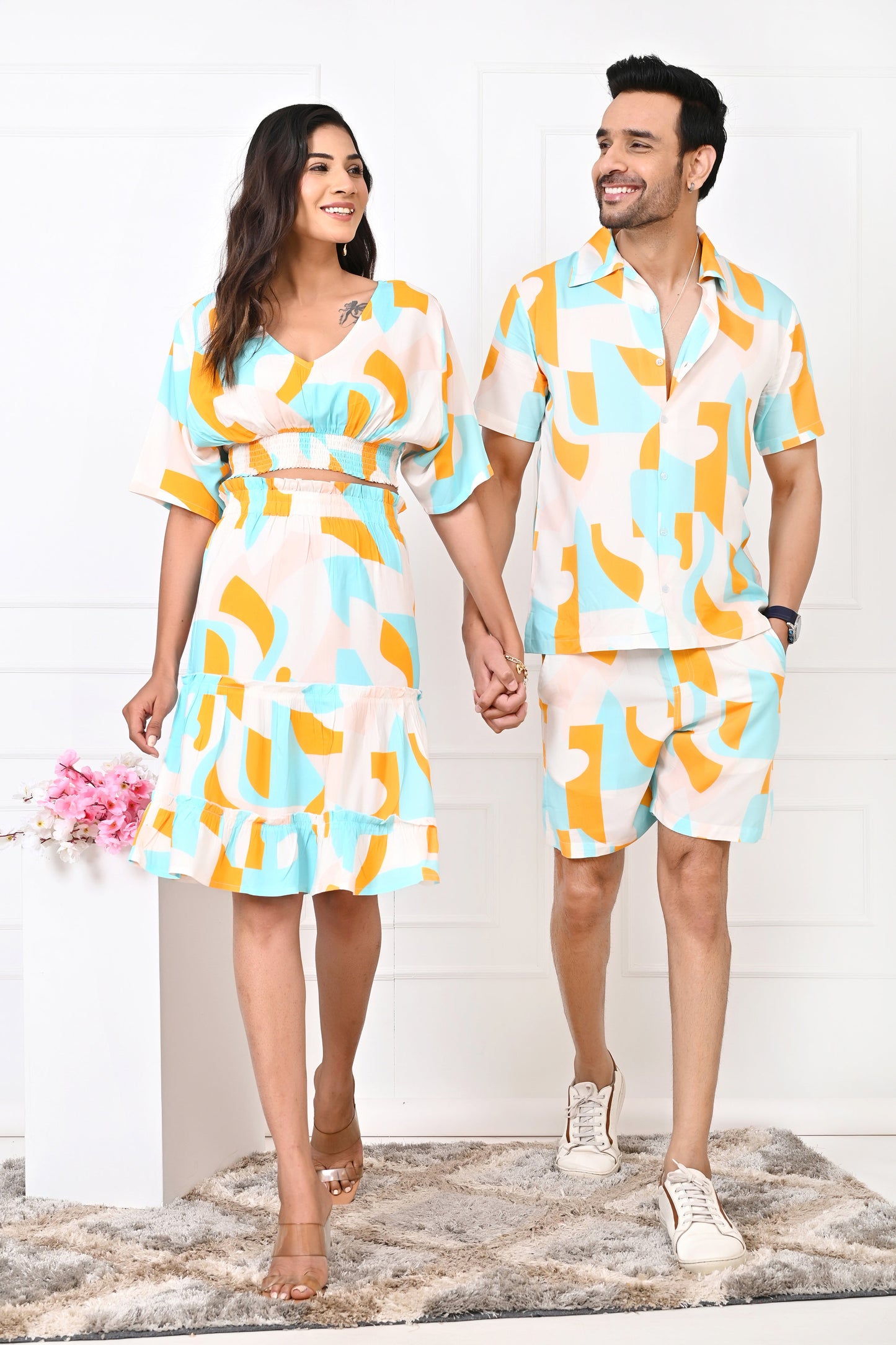 Couple Matching Outfit – Abstract Print Shirt & Summer Dress