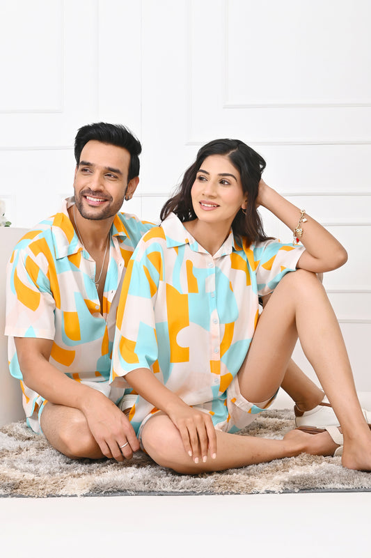 Couple Matching Abstract Shirts – His & Her Vacation Outfit