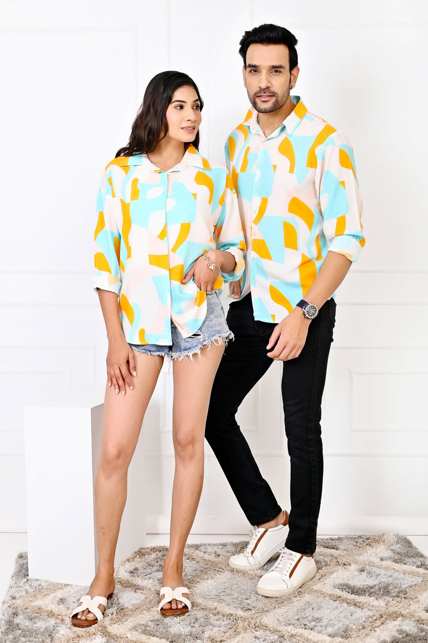 Couple Matching Abstract Outfit – Shirt & Short Summer Dress