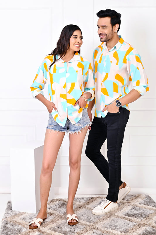 Couple Matching Abstract Outfit – Shirt & Short Summer Dress