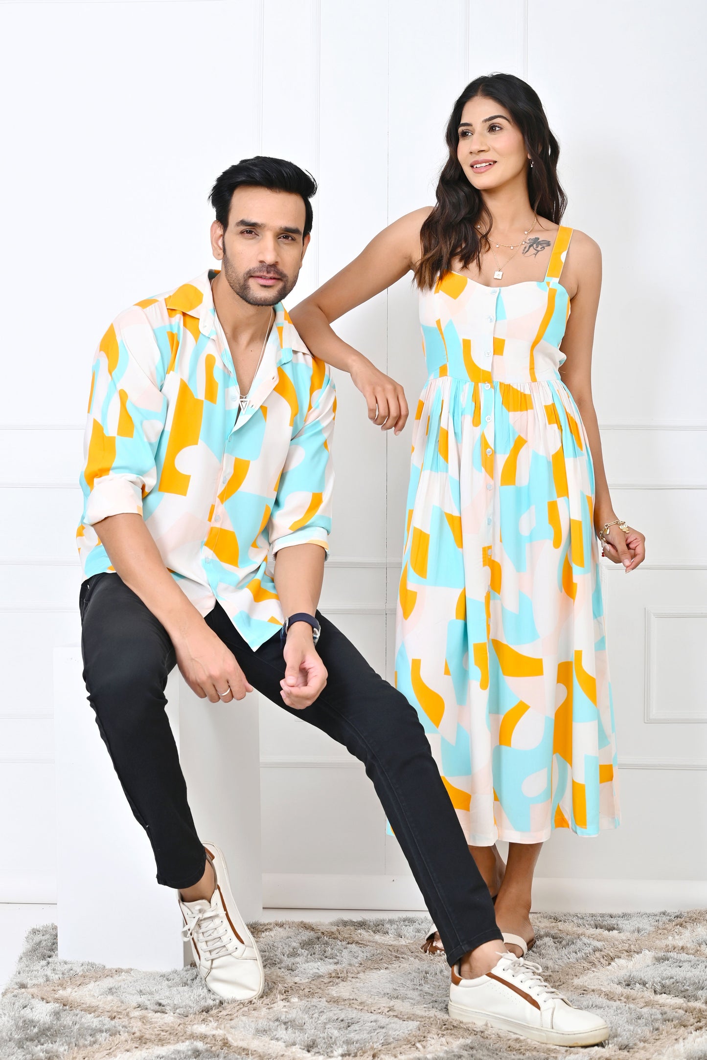 Couple Matching Abstract Dress Set – Co-Ord & Dress Combo