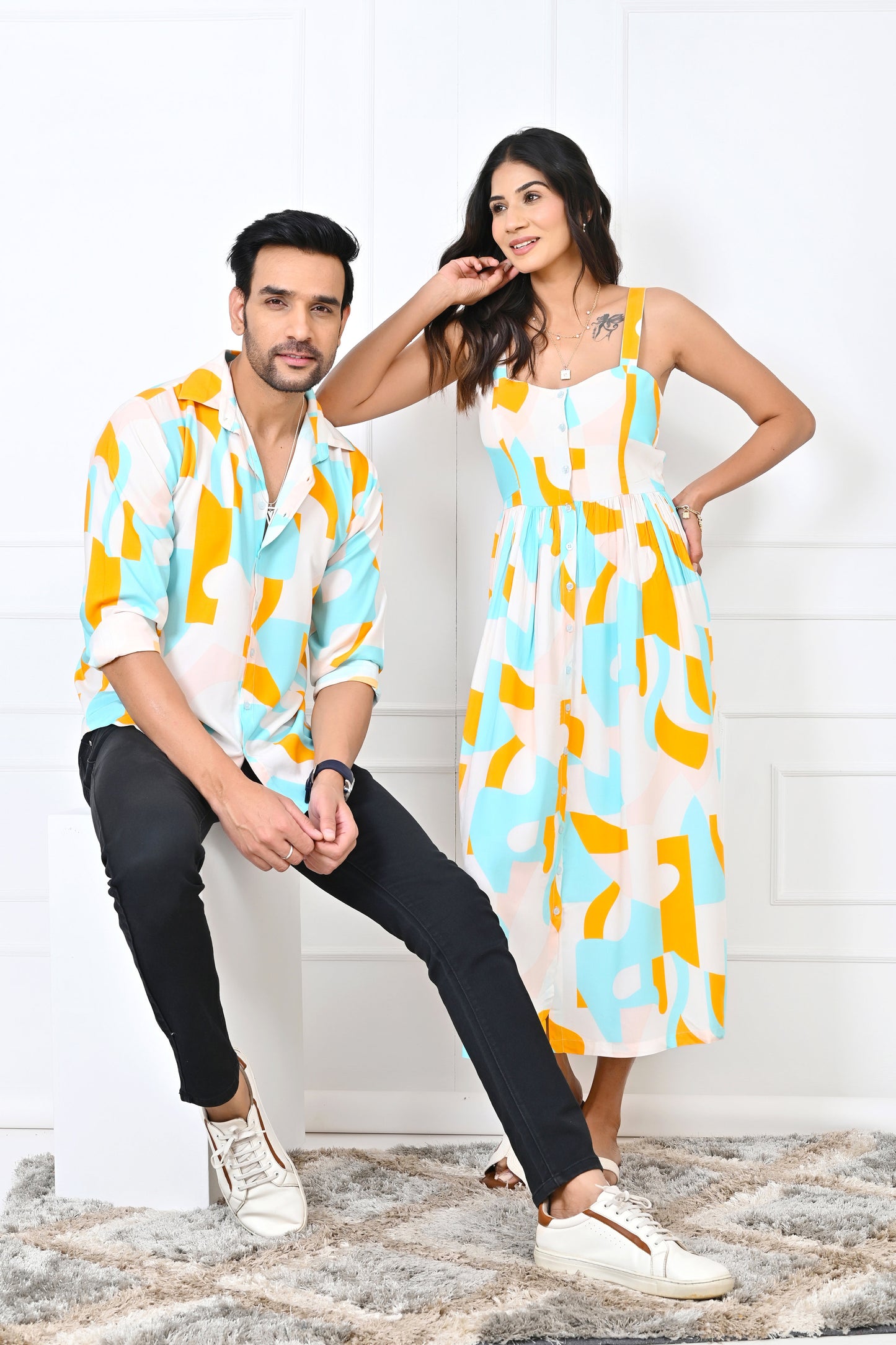Couple Matching Abstract Dress Set – Co-Ord & Dress Combo