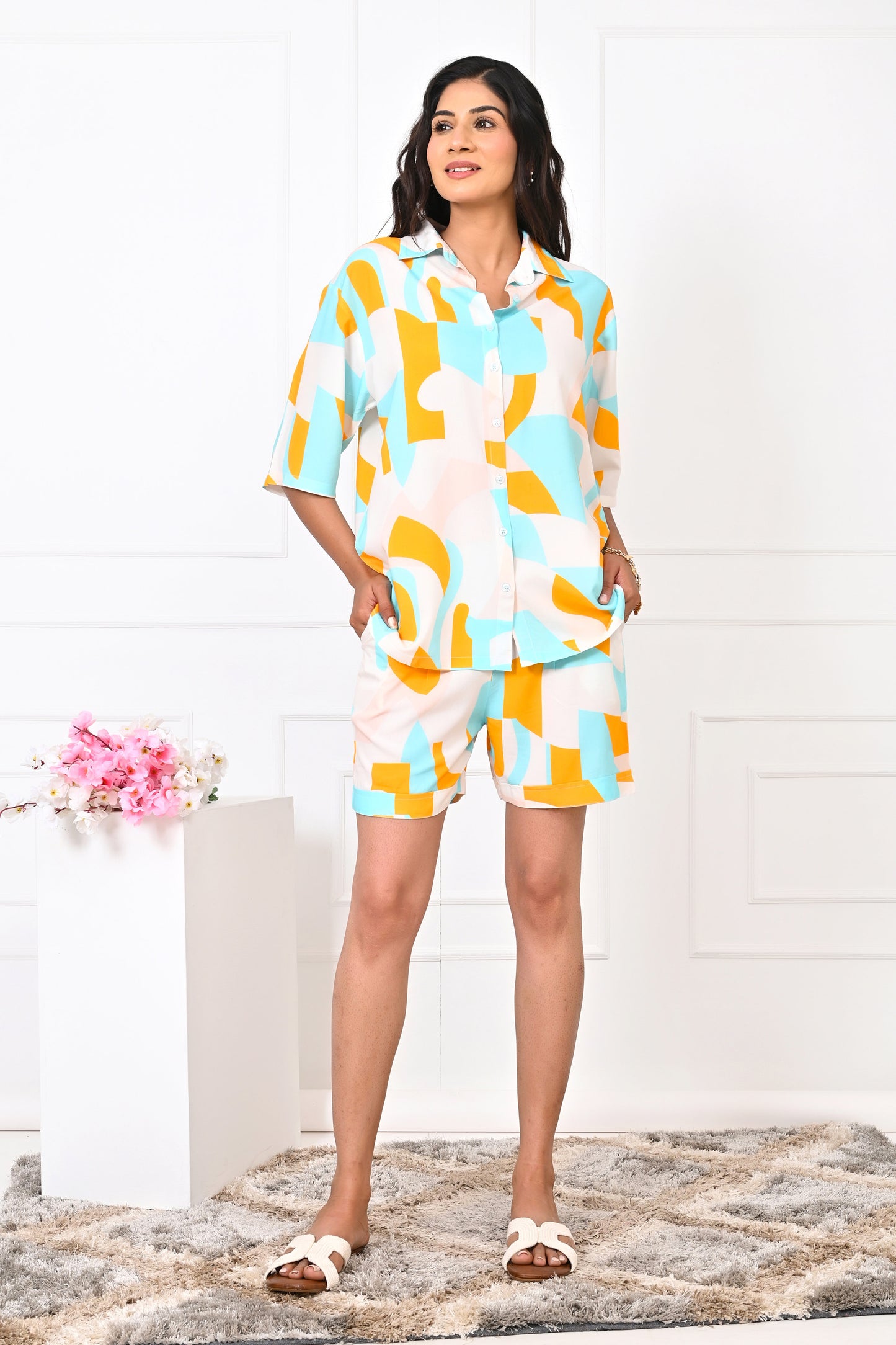 Women’s Abstract Co-Ord Set – Shirt & Shorts Summer Outfit