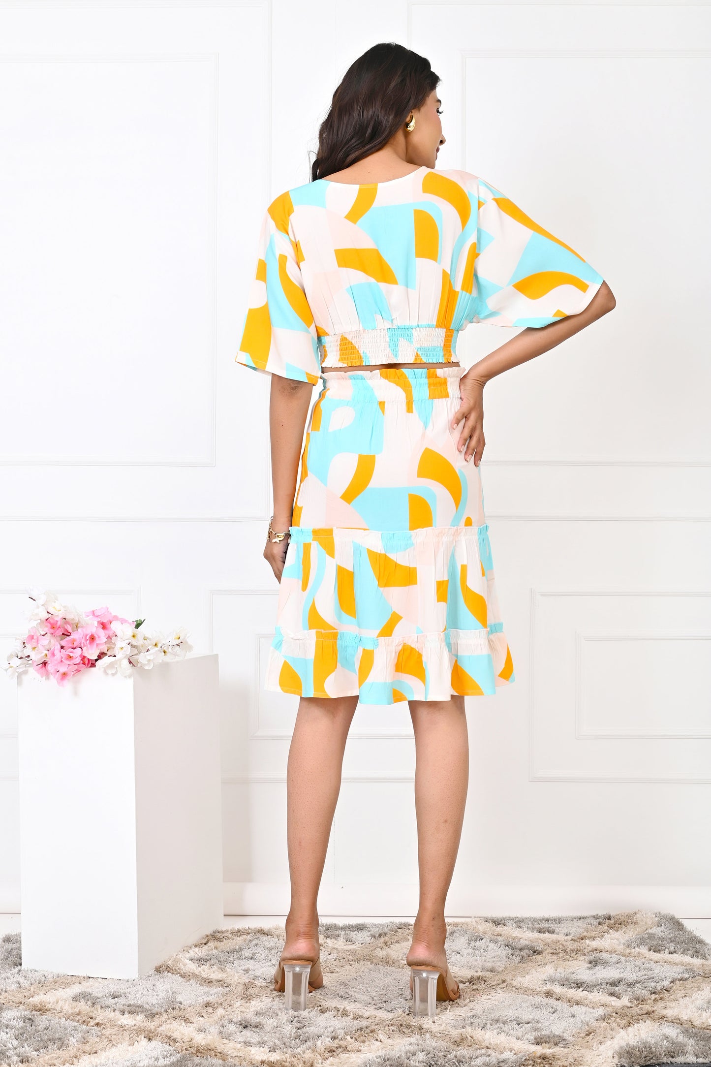 Women’s Abstract Co-Ord Set – Turquoise & Orange Top & Skirt
