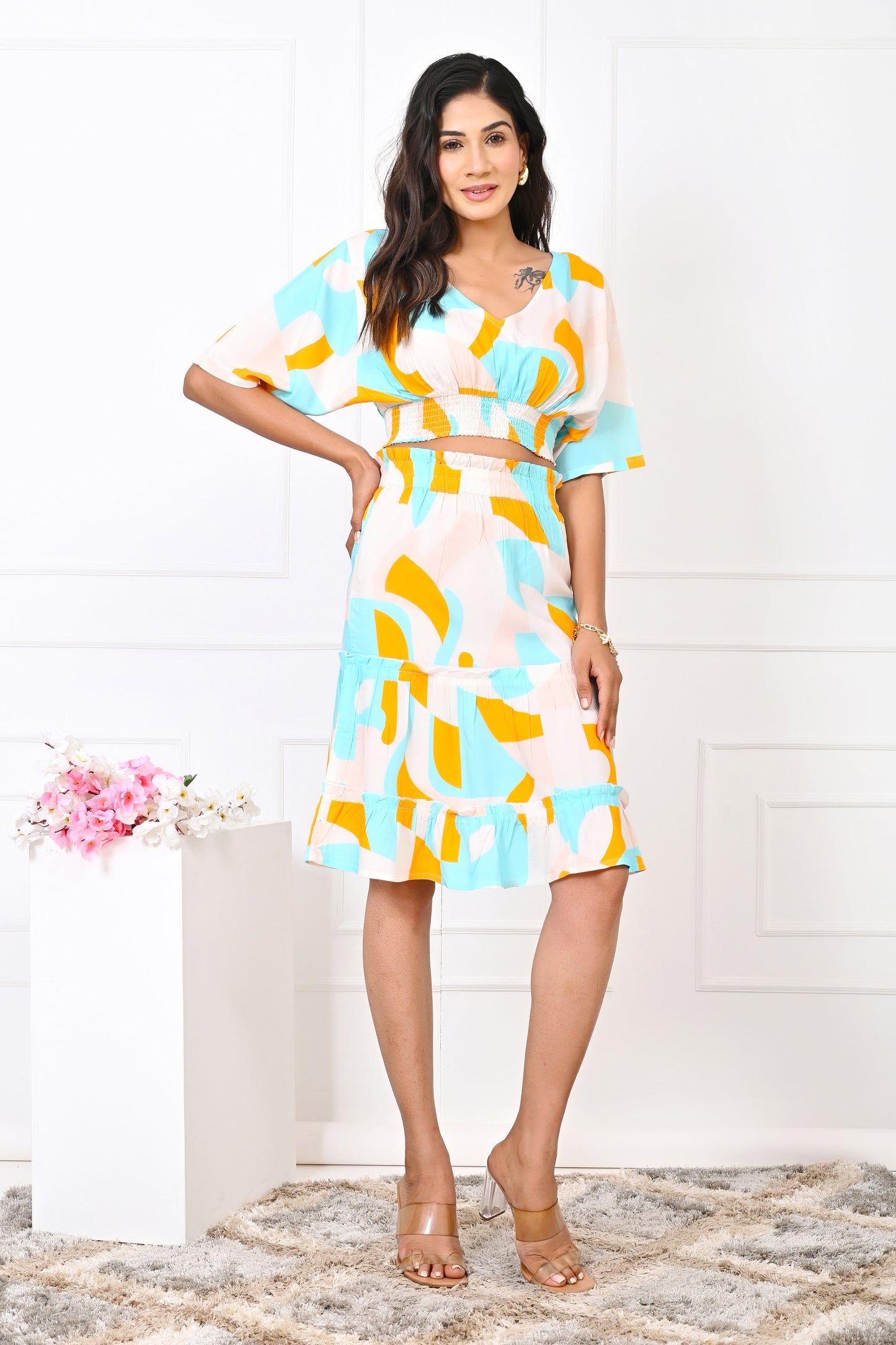 Women’s Abstract Co-Ord Set – Turquoise & Orange Top & Skirt