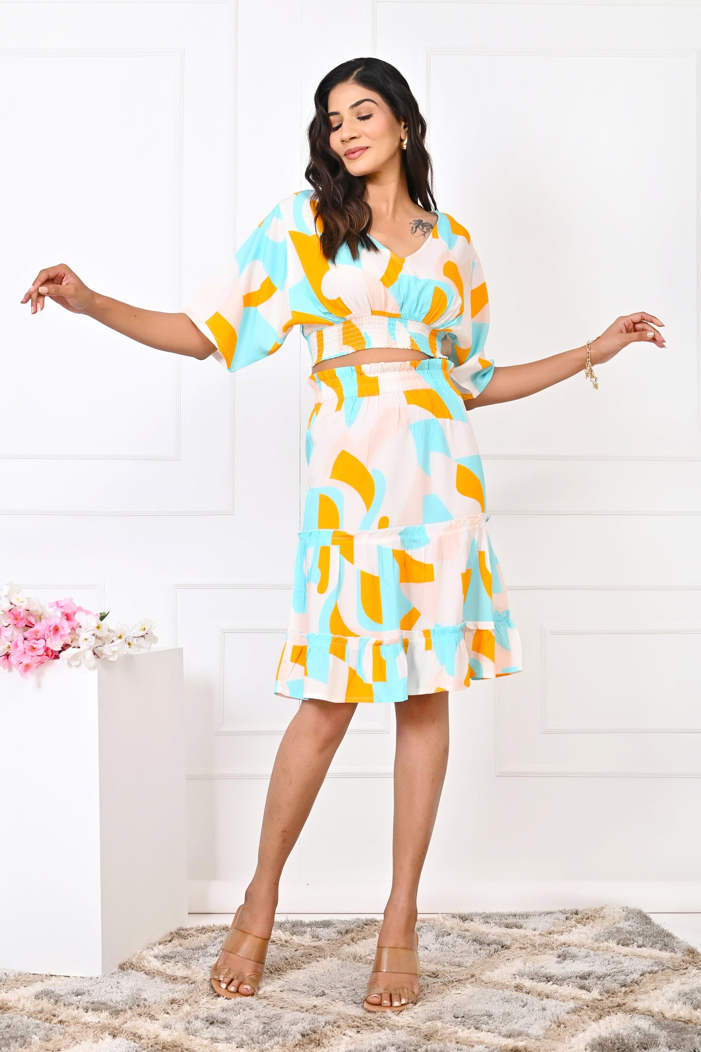 Women’s Abstract Co-Ord Set – Turquoise & Orange Top & Skirt