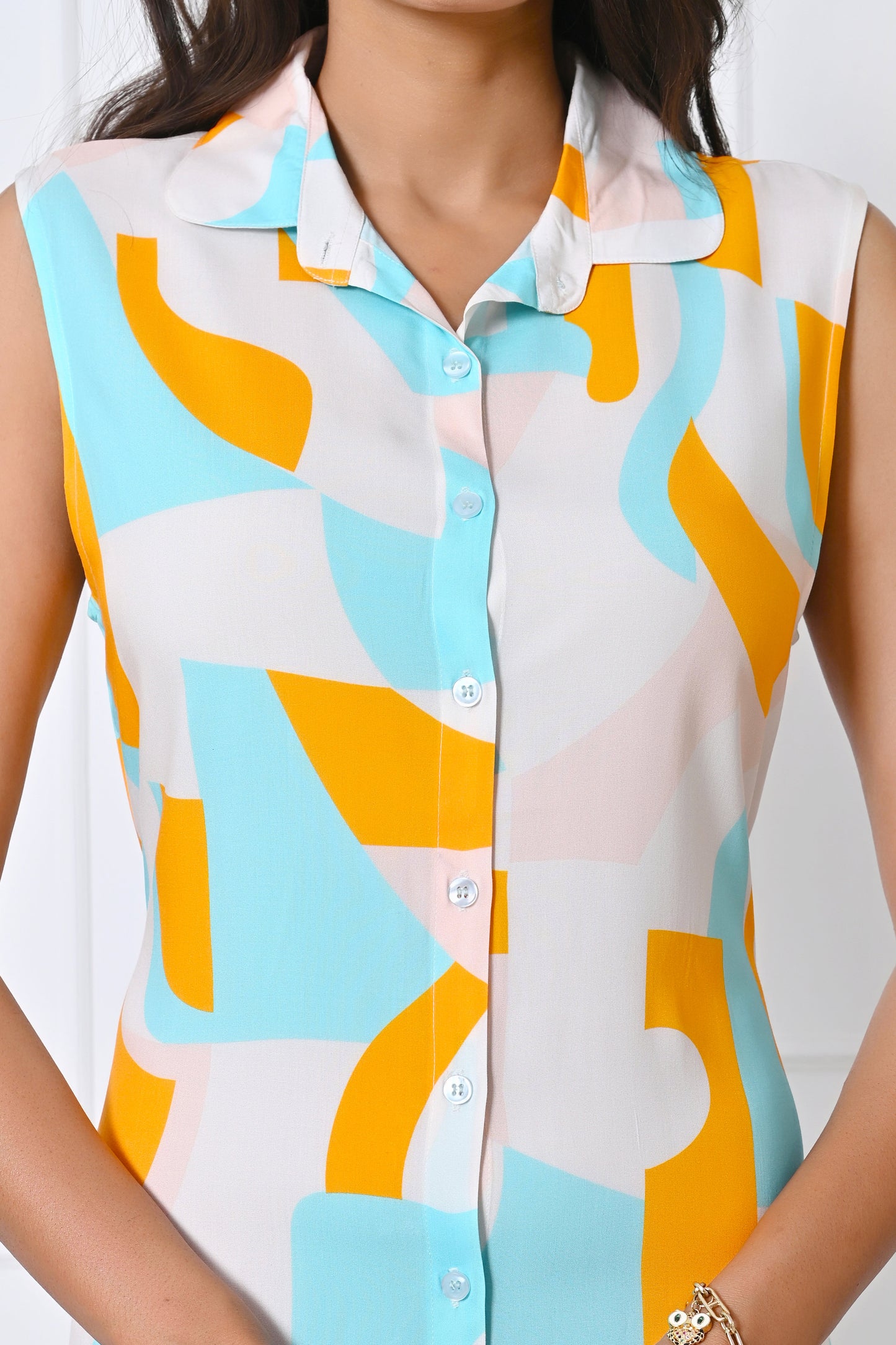 Women’s Abstract Kurta Dress – Elegant Turquoise & Orange Resort Wear