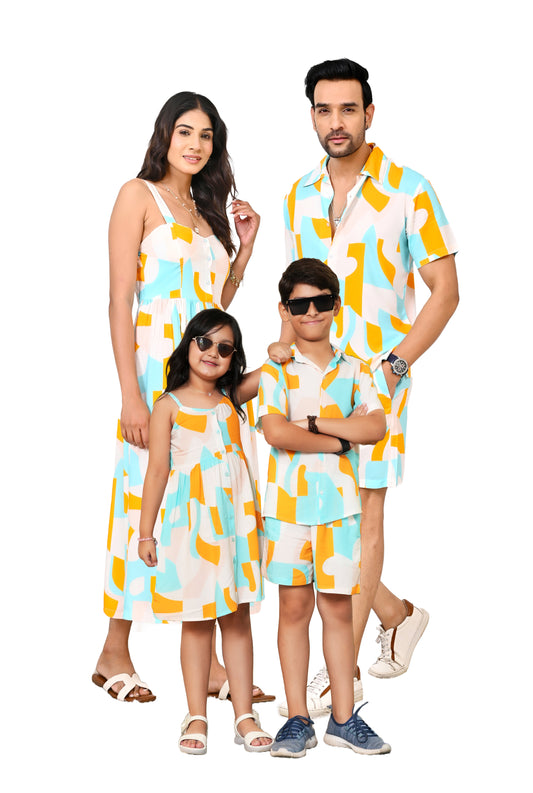 Family Matching Abstract Outfits – Turquoise & Orange Vacation Co-Ords
