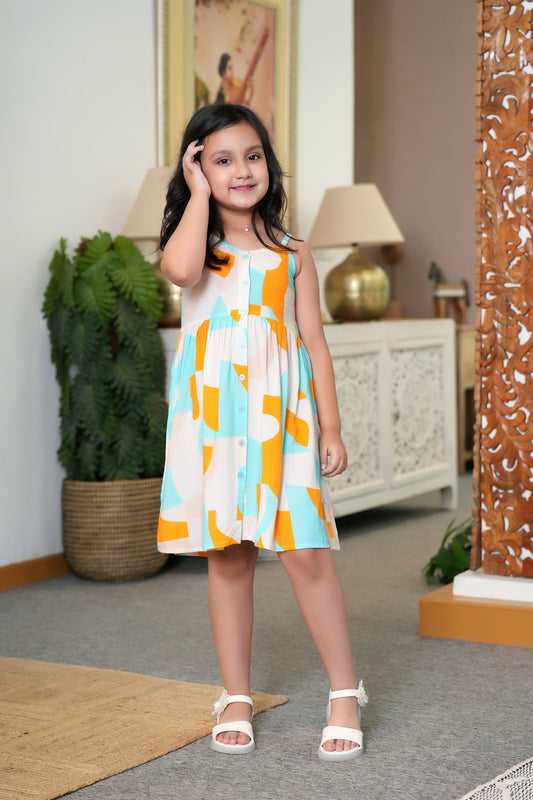 Girl’s Abstract Kurta Midi Dress – Sleeveless Summer Outfit