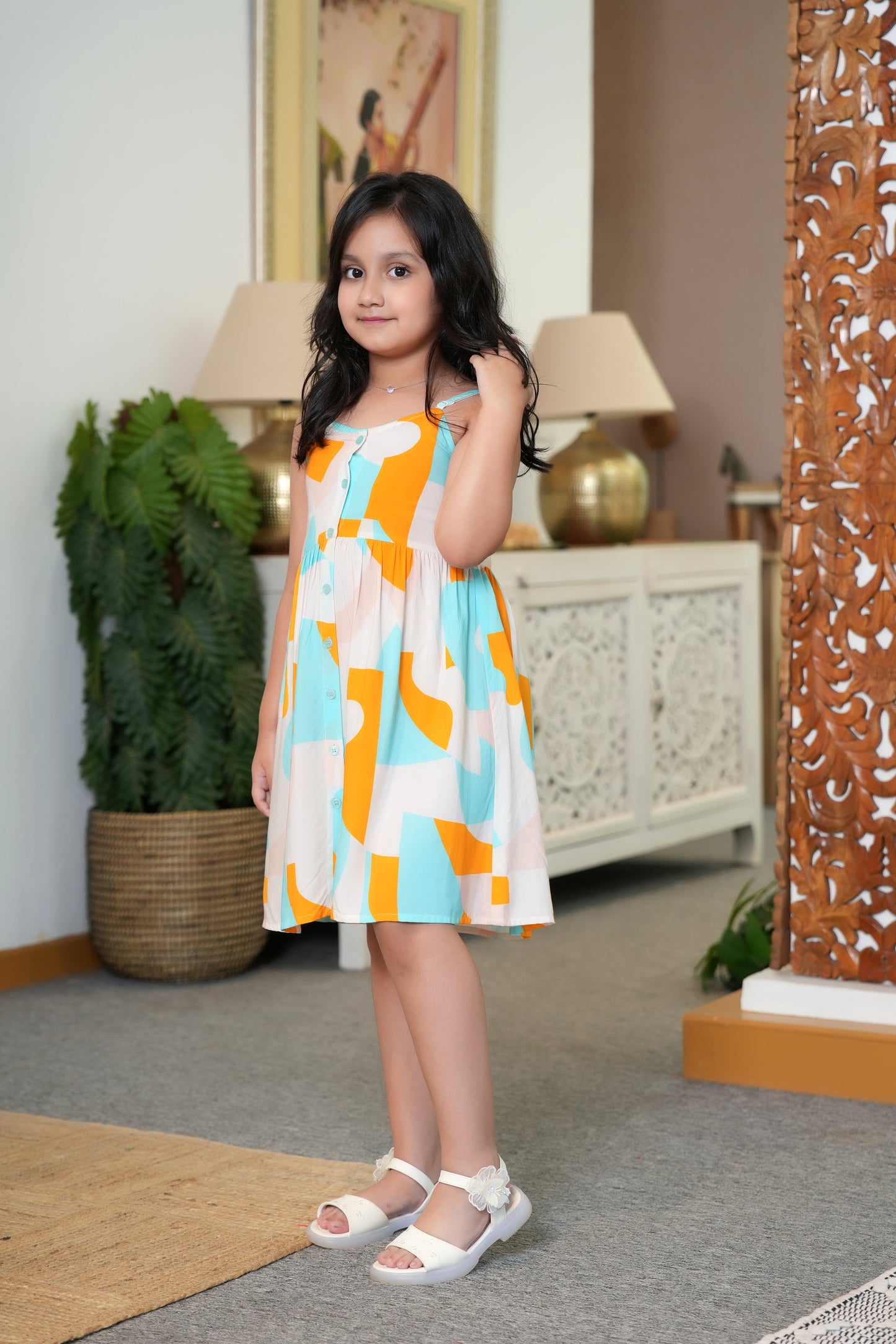 Girl’s Abstract Kurta Midi Dress – Sleeveless Summer Outfit