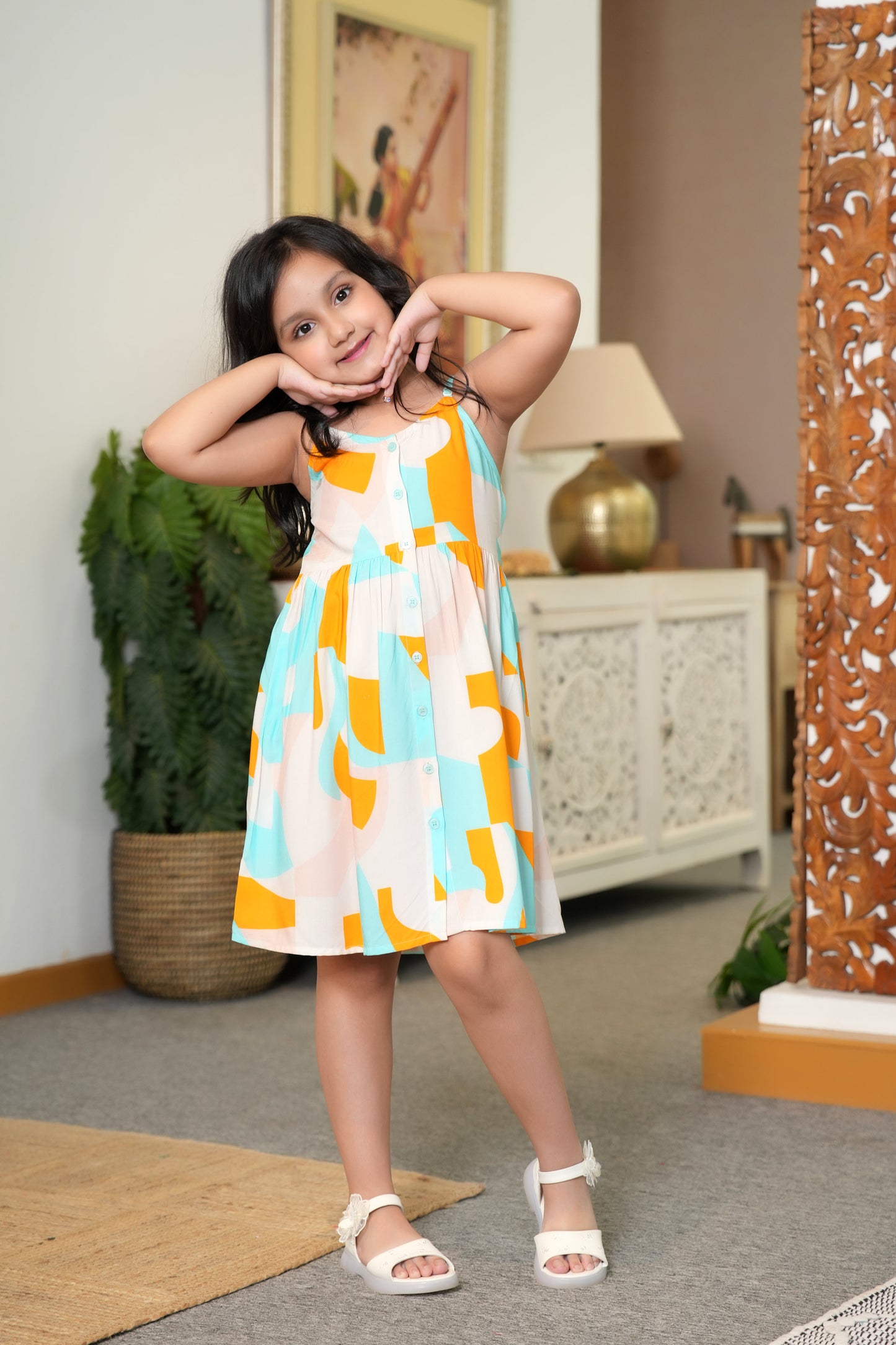 Girl’s Abstract Kurta Midi Dress – Sleeveless Summer Outfit