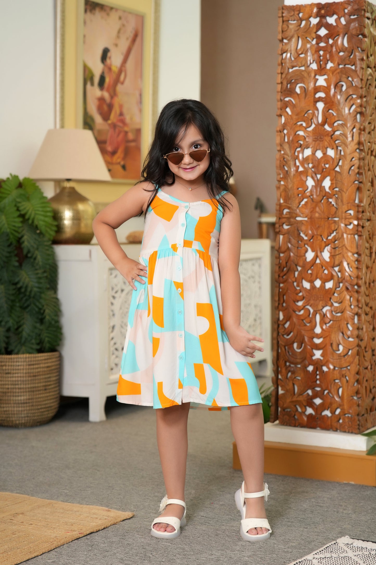Girl’s Abstract Kurta Midi Dress – Sleeveless Summer Outfit