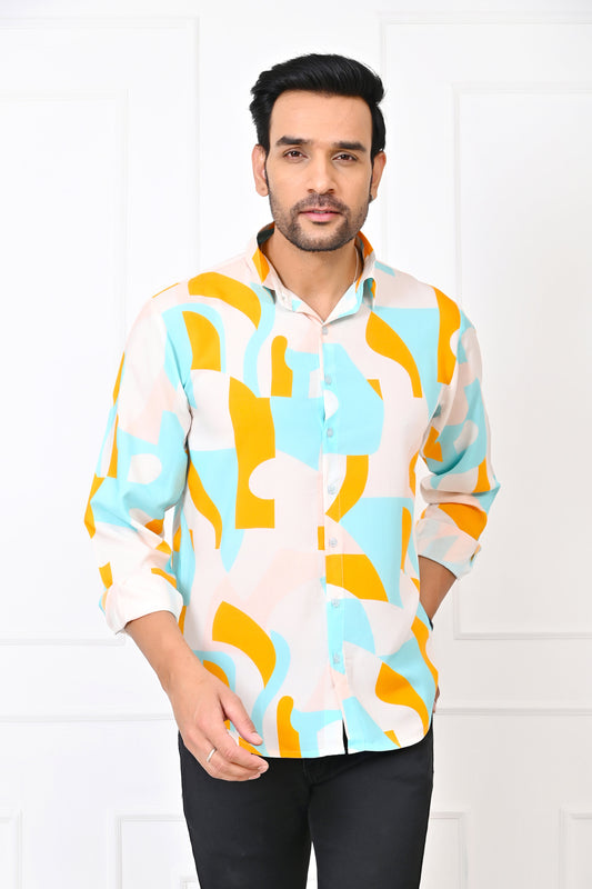 Men’s Abstract Print Full Sleeve Shirt – Turquoise & Orange Resort Wear