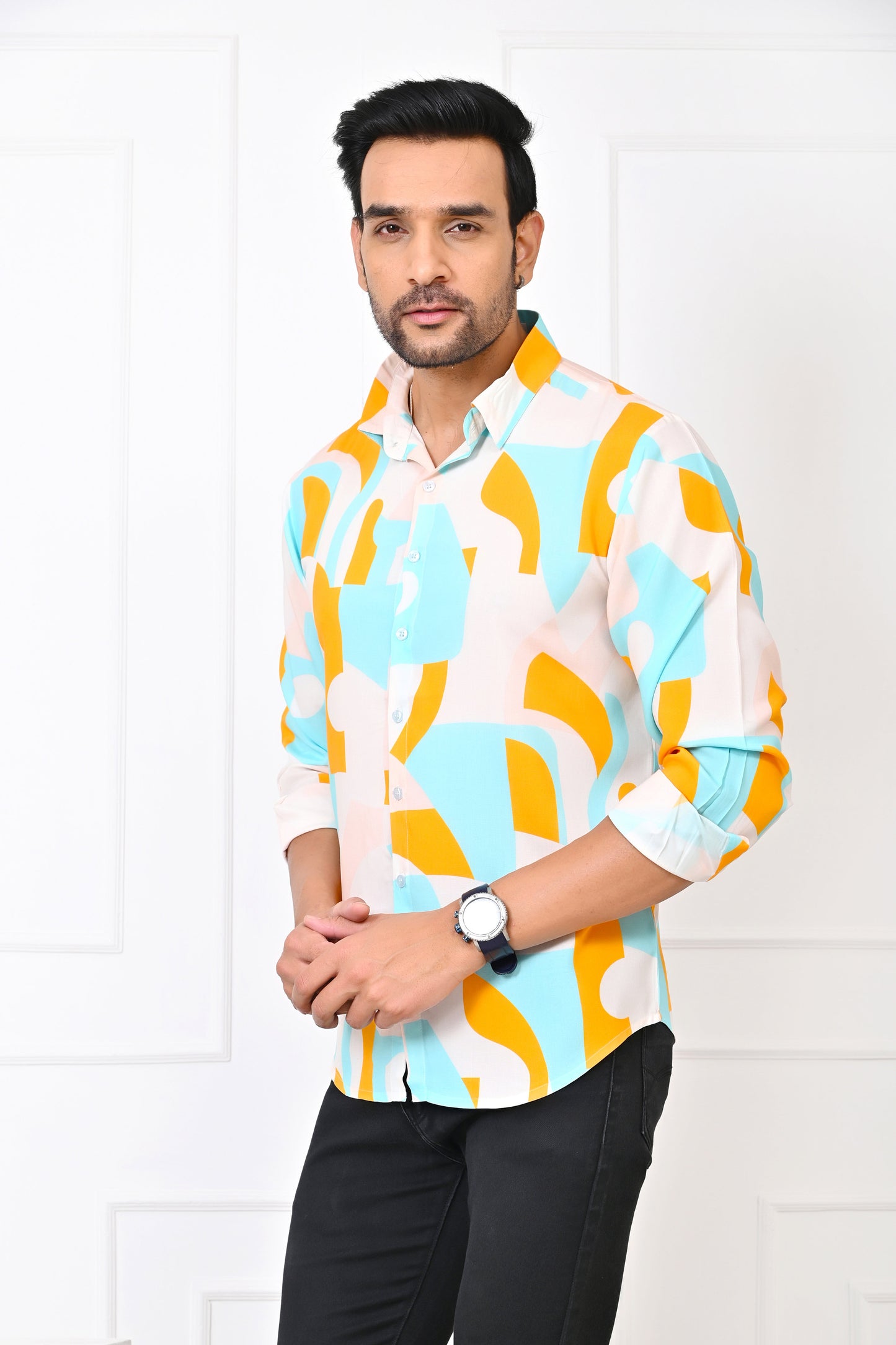 Men’s Abstract Print Full Sleeve Shirt – Turquoise & Orange Resort Wear