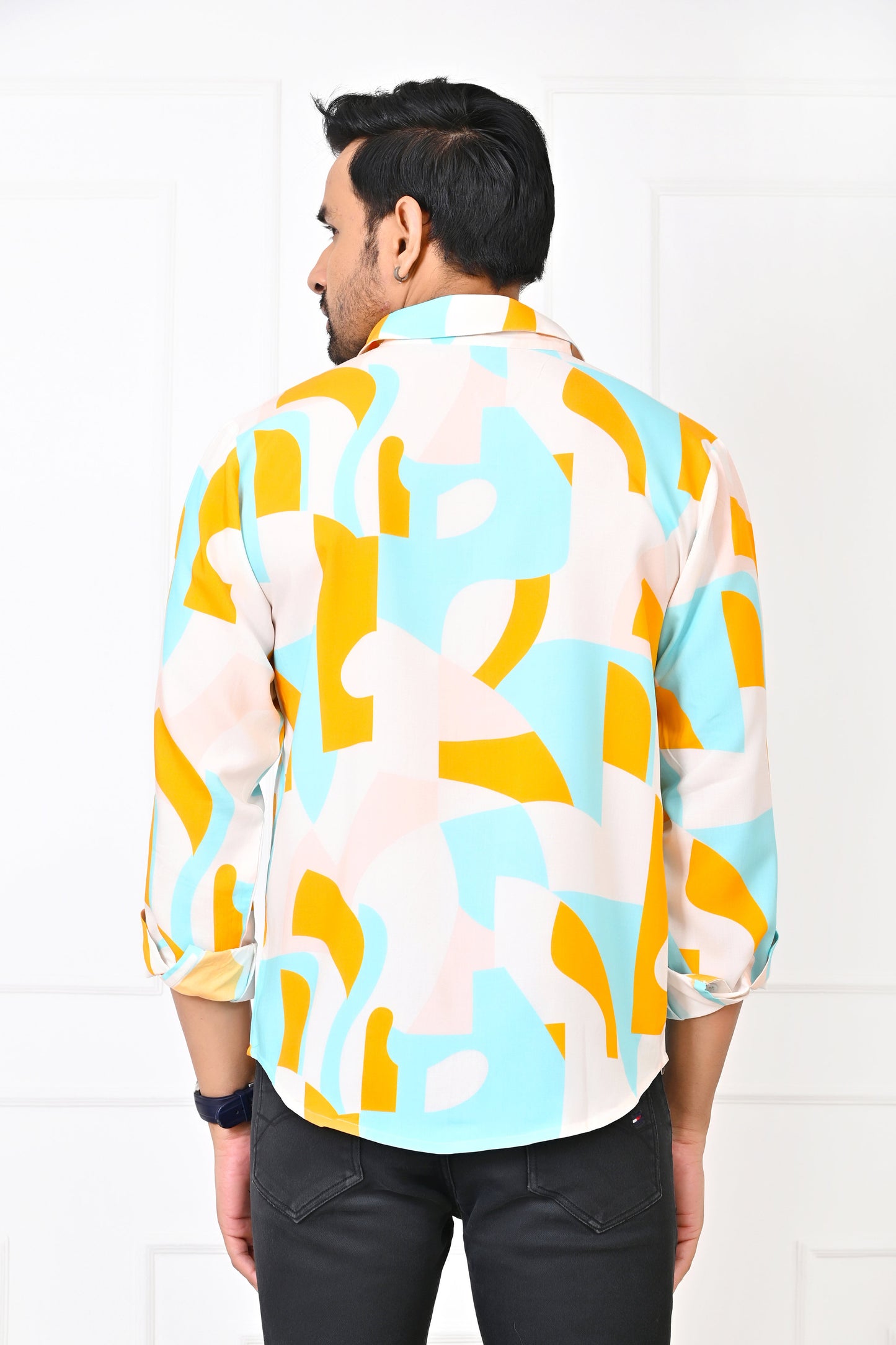 Men’s Abstract Print Full Sleeve Shirt – Turquoise & Orange Resort Wear