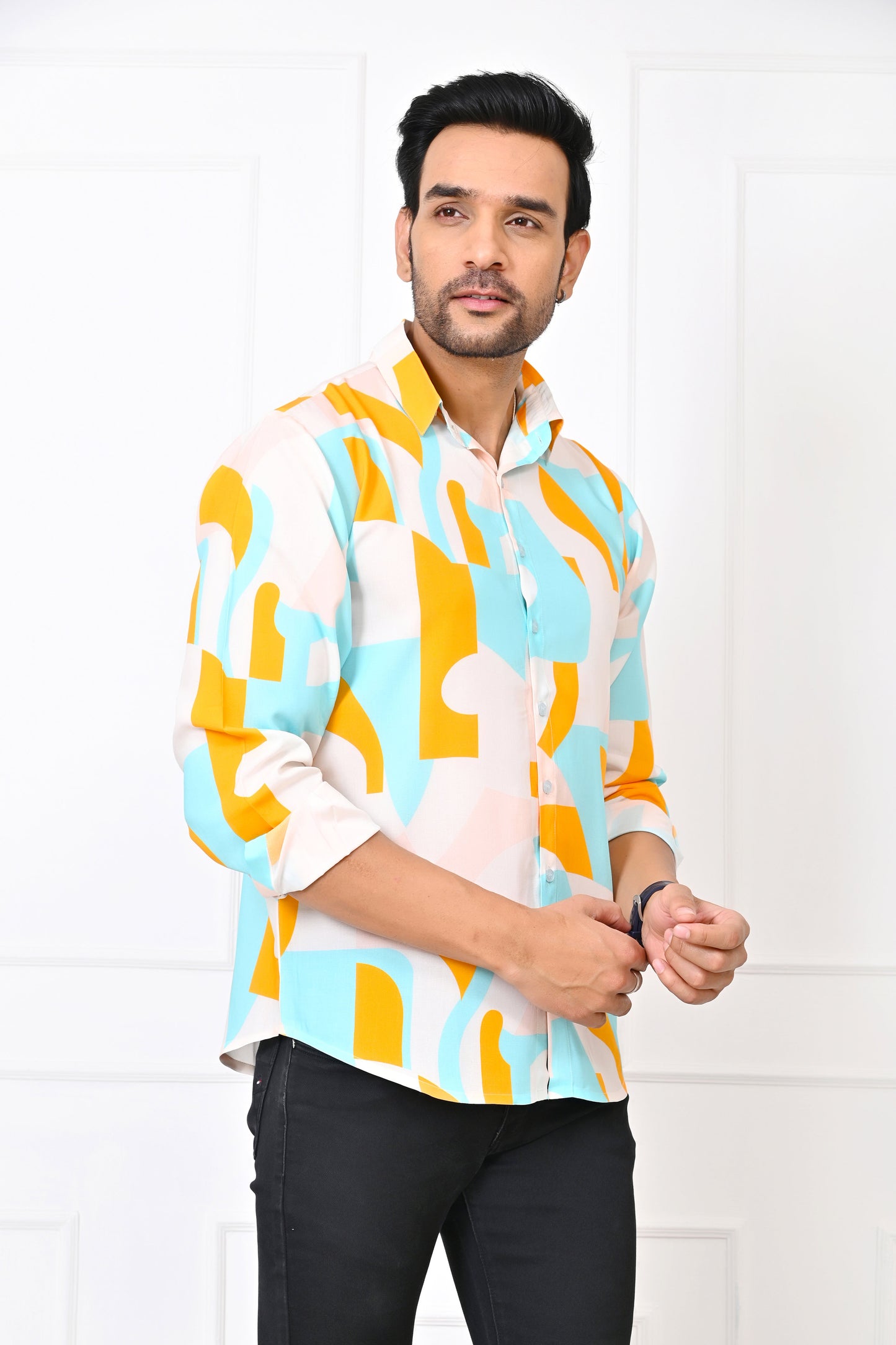 Men’s Abstract Print Full Sleeve Shirt – Turquoise & Orange Resort Wear