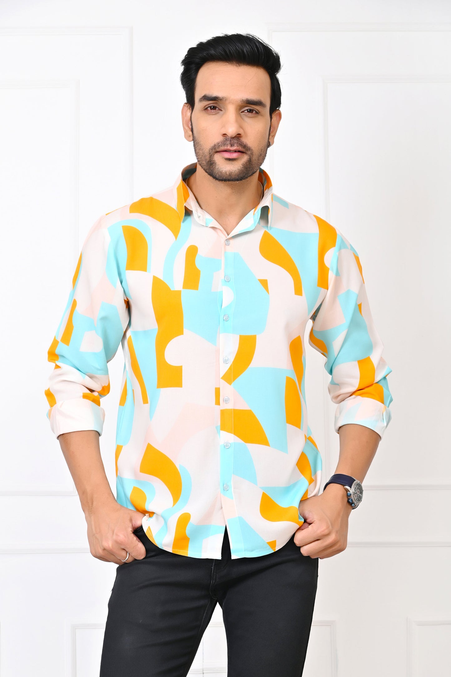 Men’s Abstract Print Full Sleeve Shirt – Turquoise & Orange Resort Wear