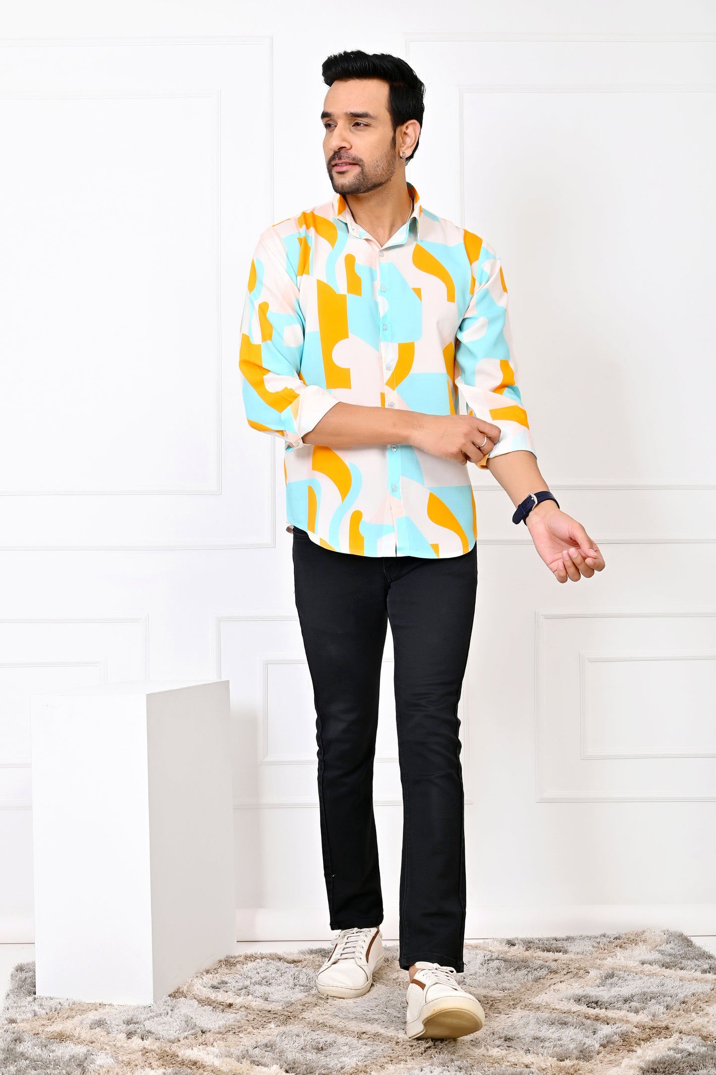 Men’s Abstract Print Full Sleeve Shirt – Turquoise & Orange Resort Wear