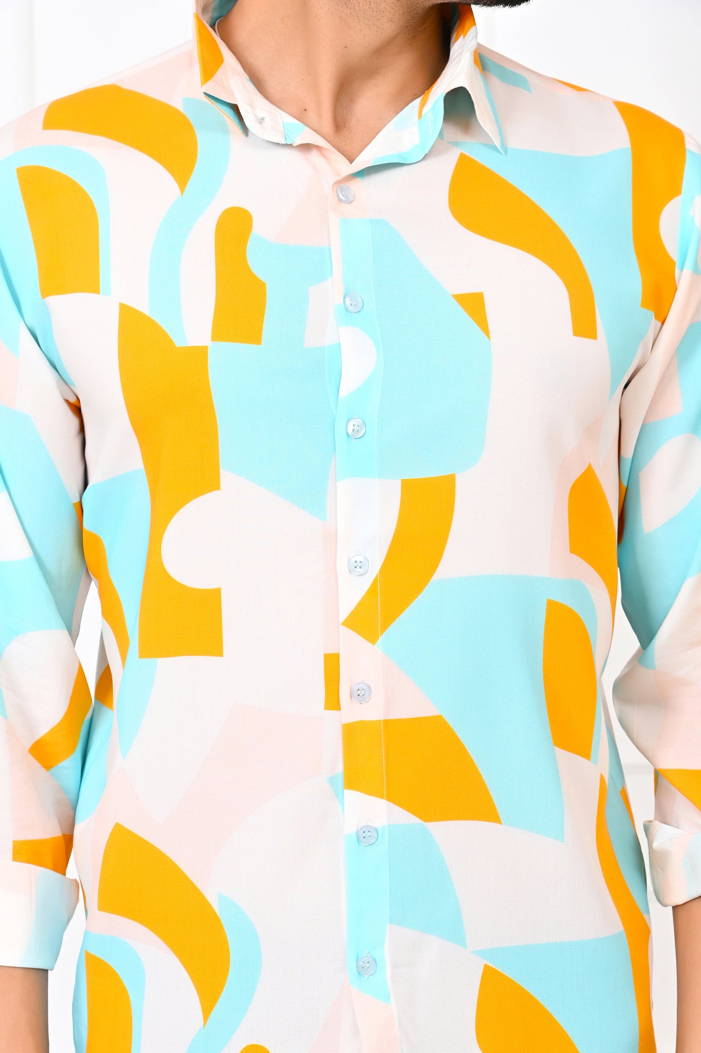 Men’s Abstract Print Full Sleeve Shirt – Turquoise & Orange Resort Wear
