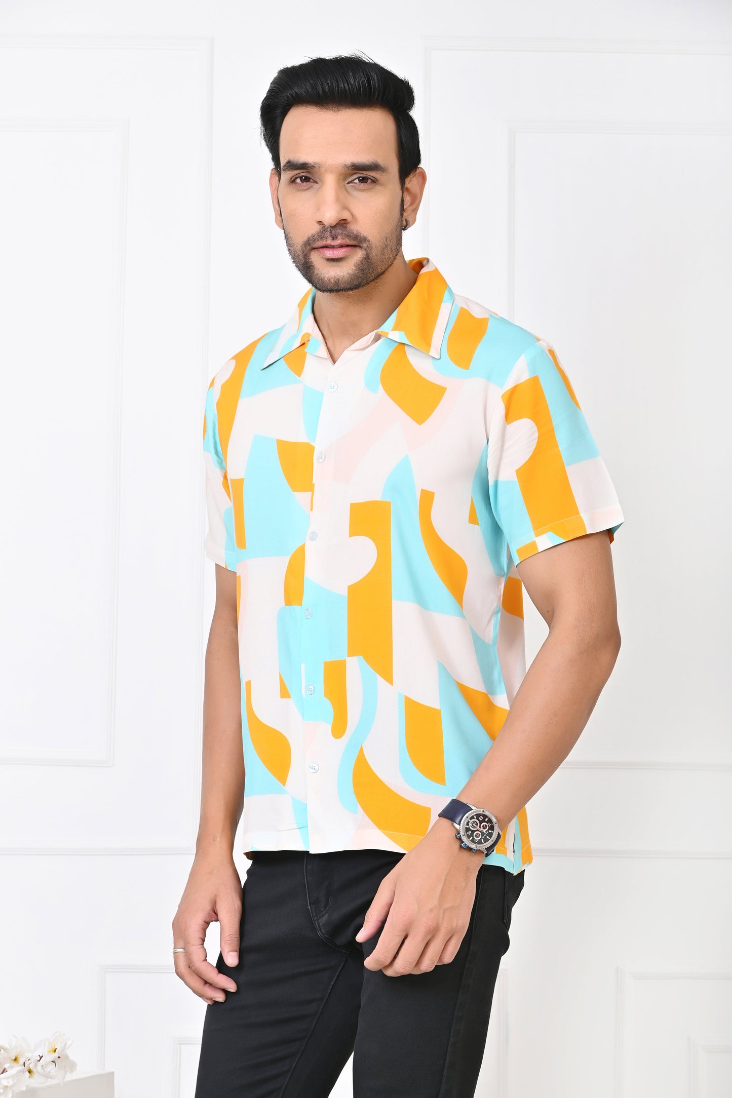 Men’s Abstract Short Sleeve Shirt – Turquoise & Orange Beach Outfit