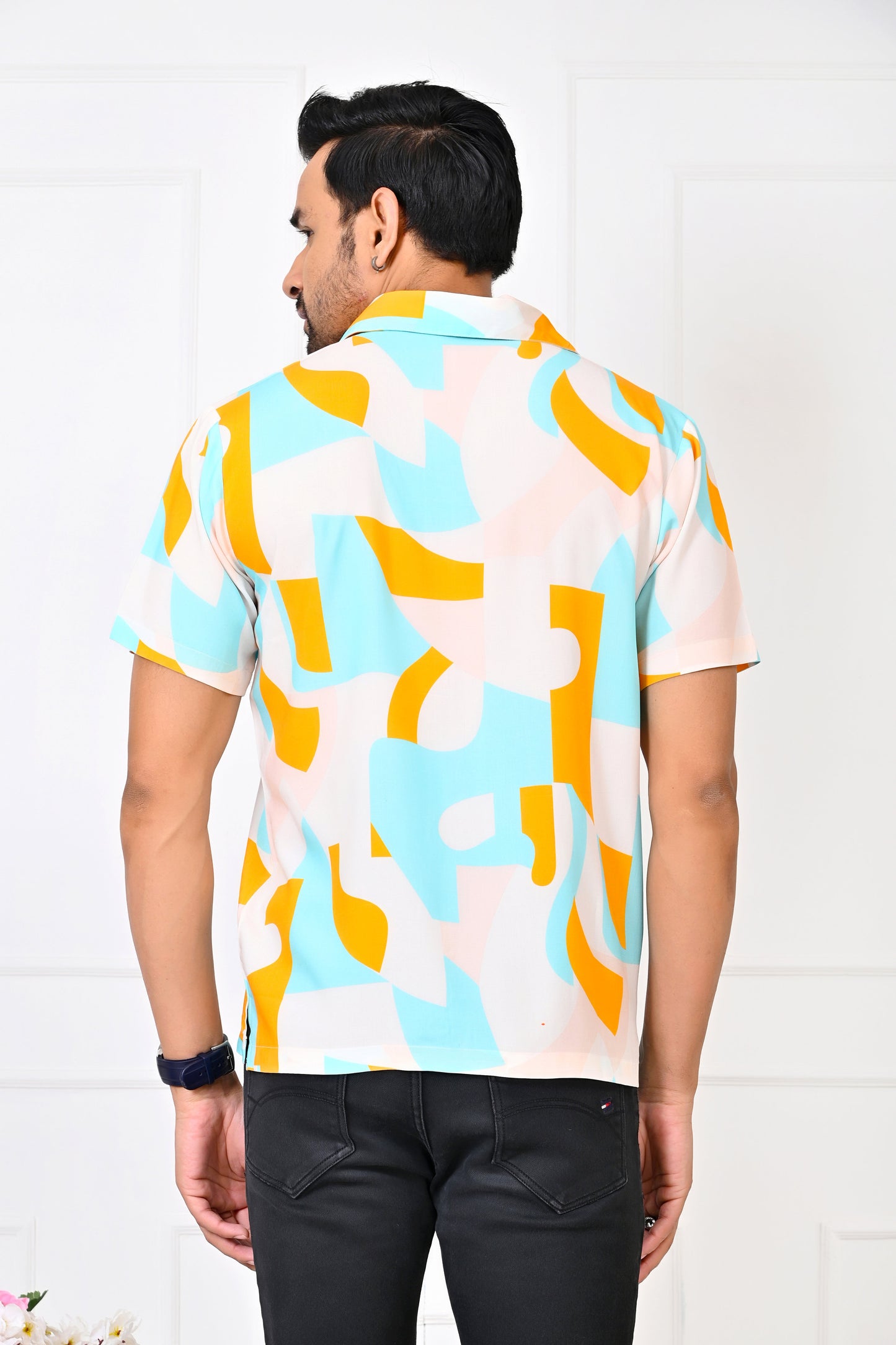 Men’s Abstract Short Sleeve Shirt – Turquoise & Orange Beach Outfit
