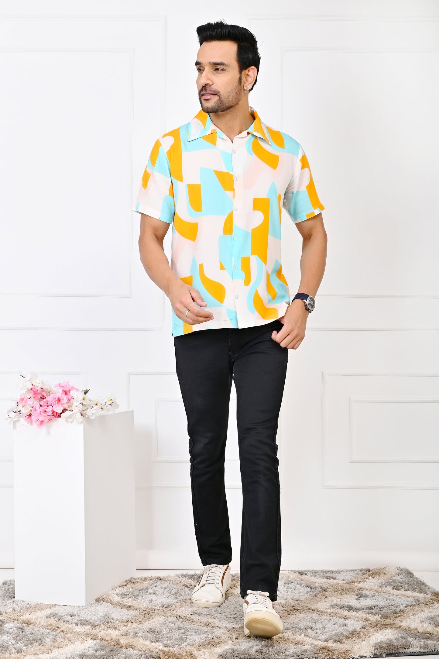 Men’s Abstract Short Sleeve Shirt – Turquoise & Orange Beach Outfit