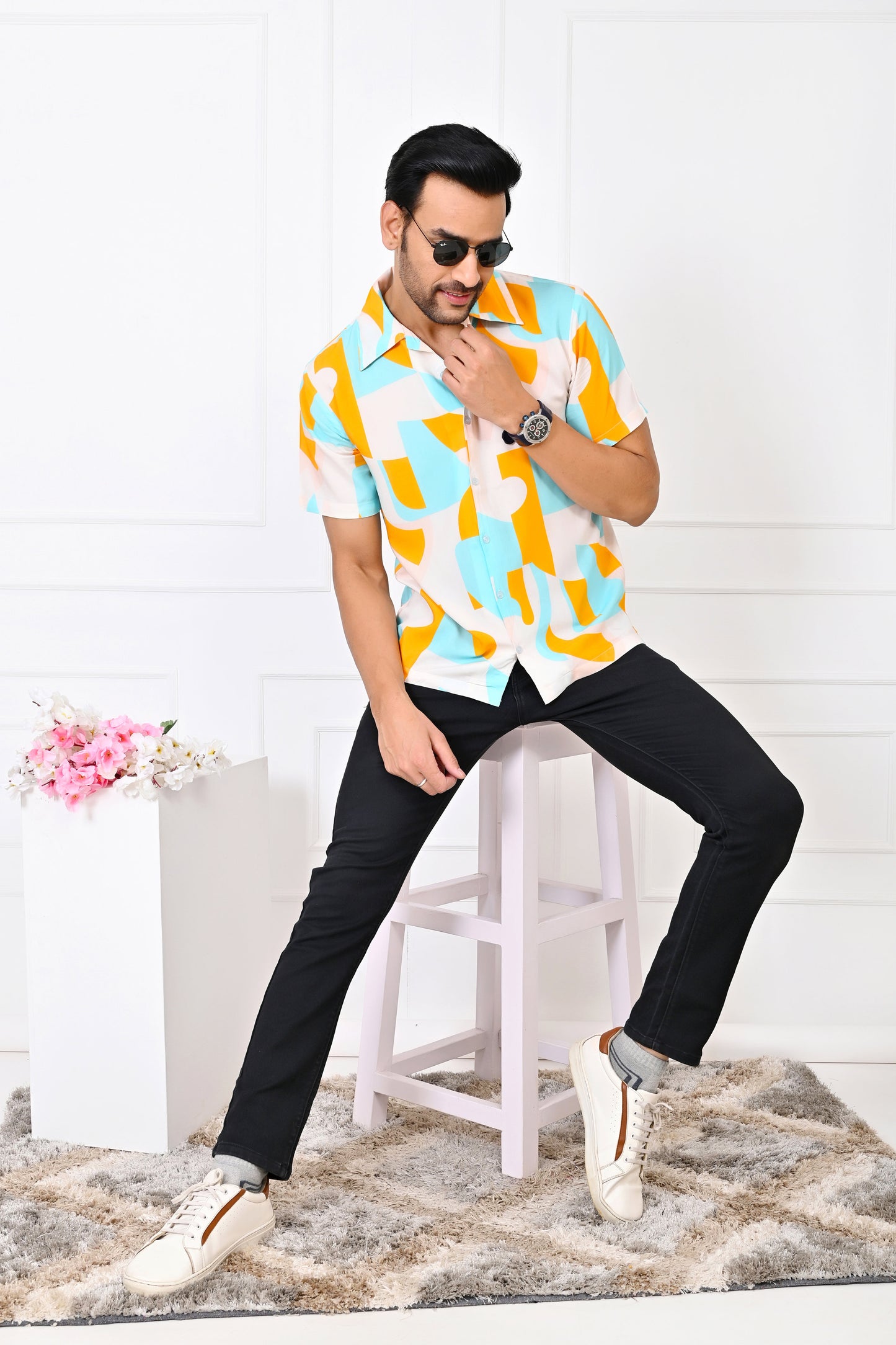 Men’s Abstract Short Sleeve Shirt – Turquoise & Orange Beach Outfit