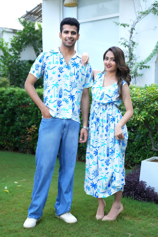 Couple Twinning Beach Outfit – Matching Shirt and Dress for Vacation Party and Beach Photoshoot