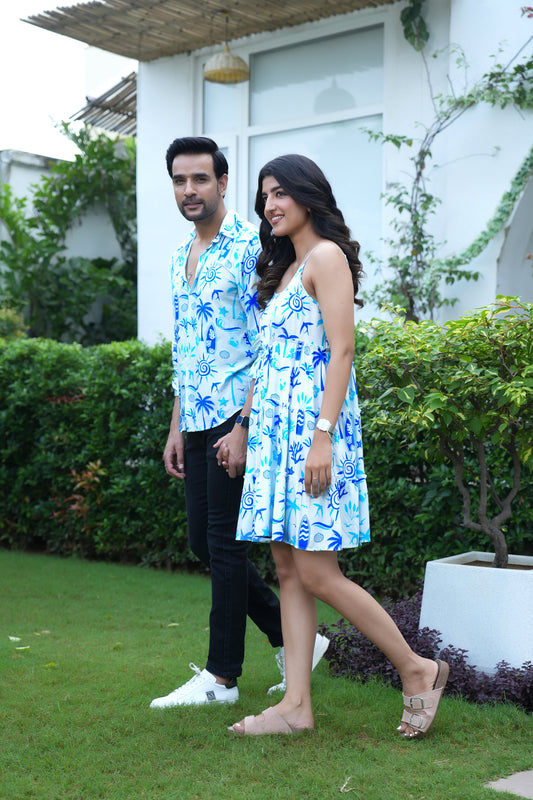 Couple Matching Beach Outfit – Mens Shirt and Womens Midi Dress for Honeymoon Dinner and Pre Wedding Shoot