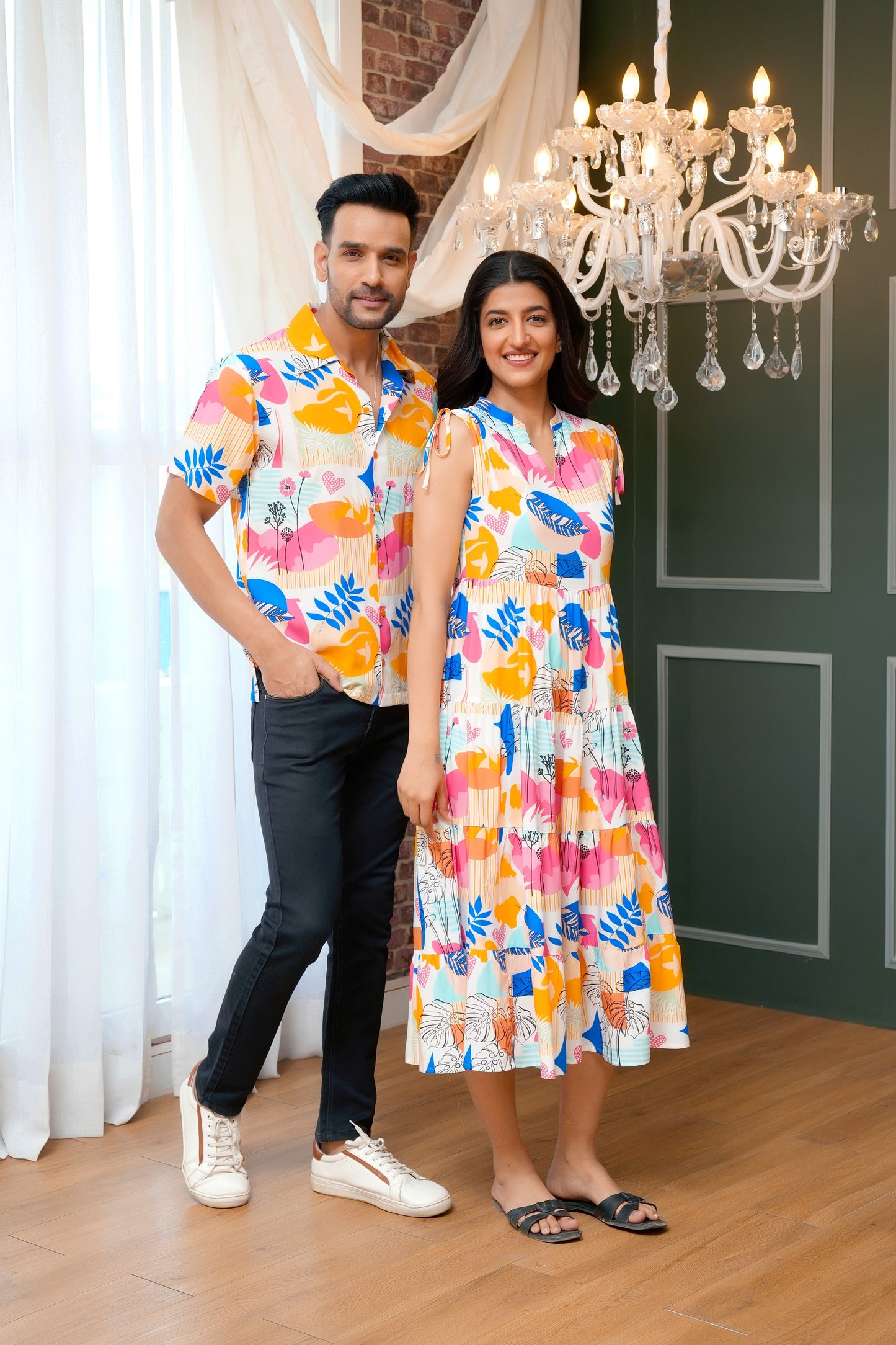 Couple Matching Tropical Print Set – Shirt & Dress Combo For Resort Vacation