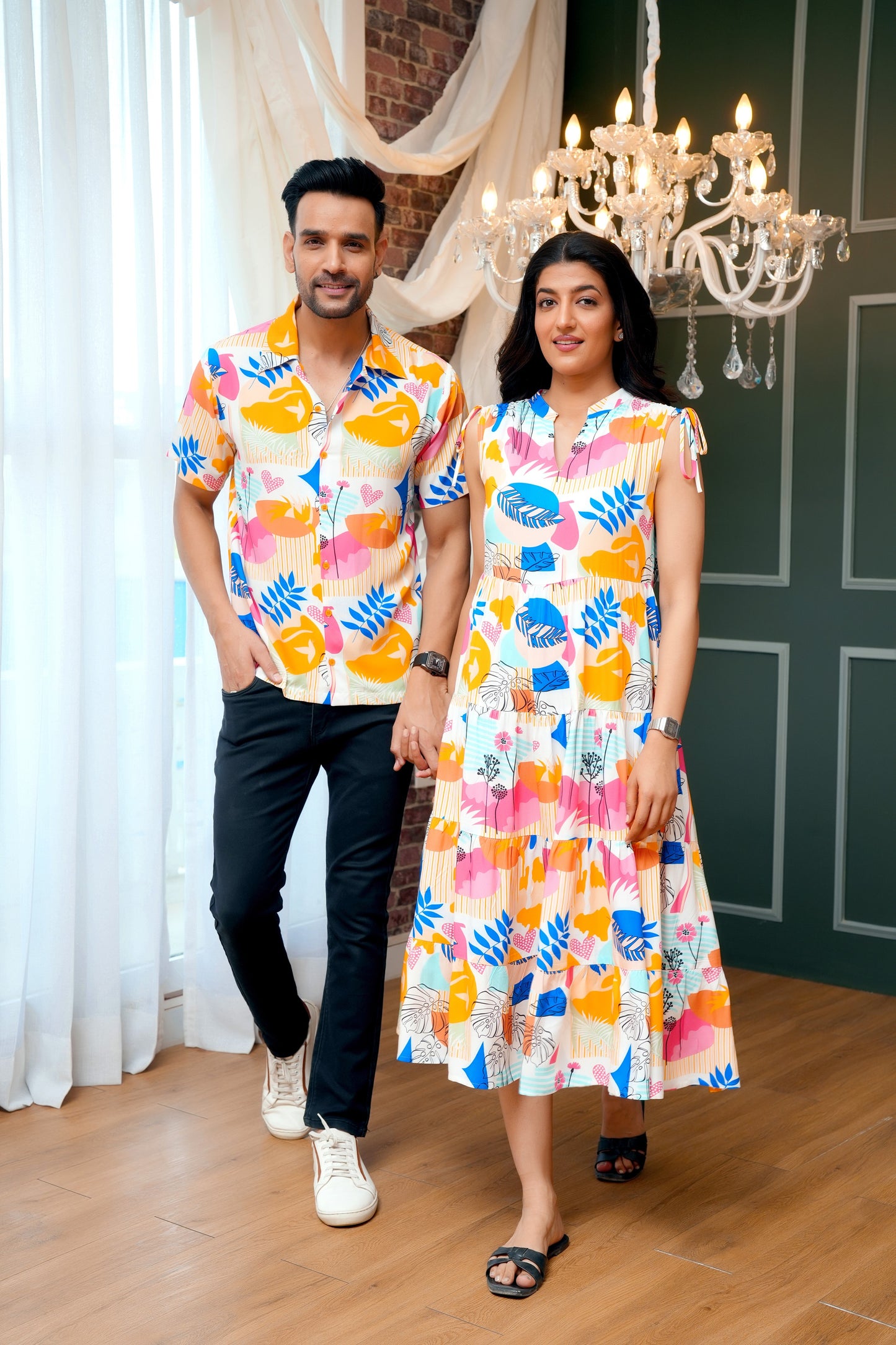Couple Matching Tropical Print Set – Shirt & Dress Combo For Resort Vacation