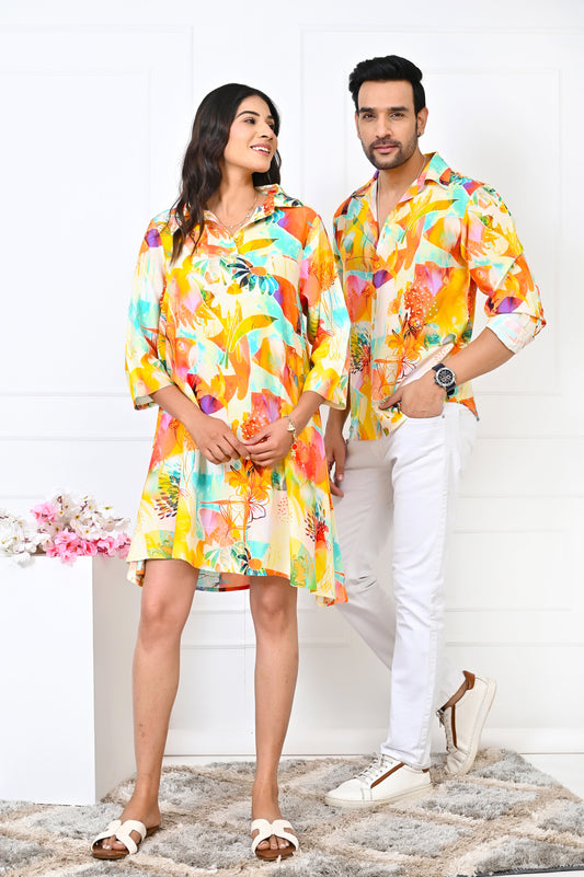 Couple Matching Yellow Floral Outfit – Romantic Shirt & Dress Set