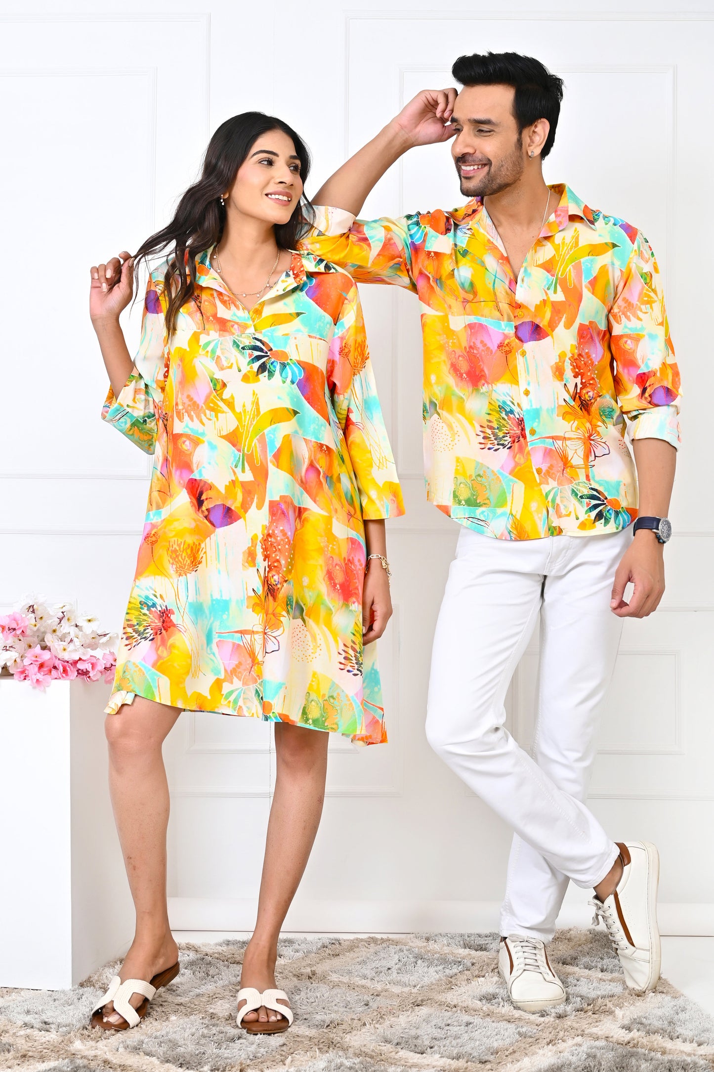 Couple Matching Yellow Floral Outfit – Romantic Shirt & Dress Set