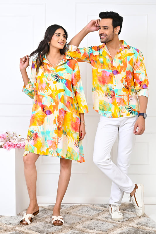Couple Matching Yellow Floral Outfit – Romantic Shirt & Dress Set