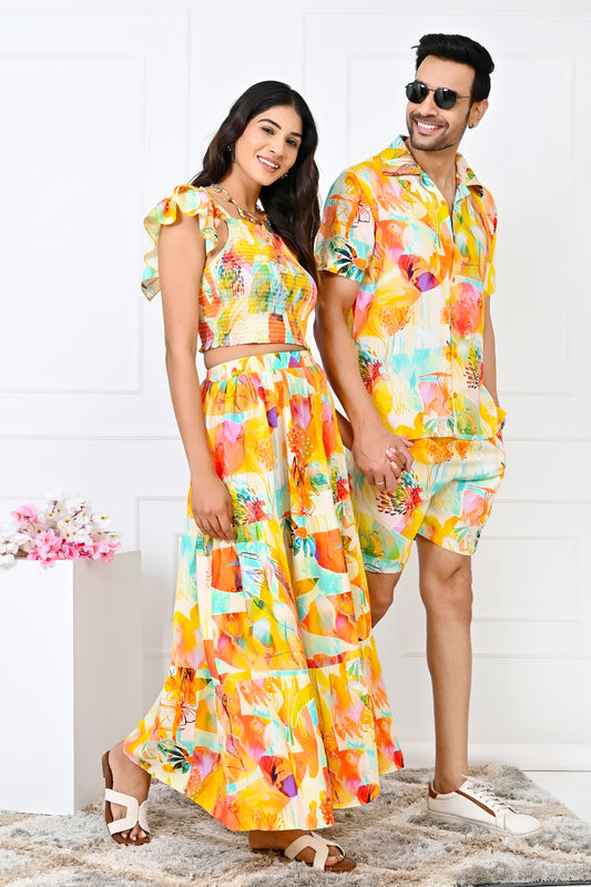 Couple Matching Yellow Floral Set – Co-Ord & Summer Dress Combo