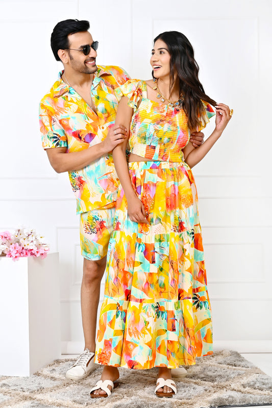 Couple Matching Yellow Floral Set – Co-Ord & Summer Dress Combo