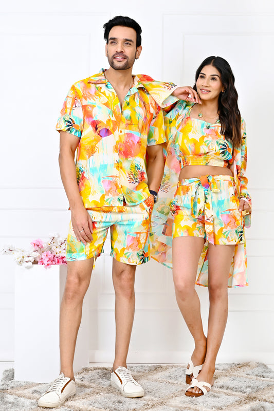 Couple Matching Yellow Floral Co-Ord Set – Shirt & Shorts Resort Outfit