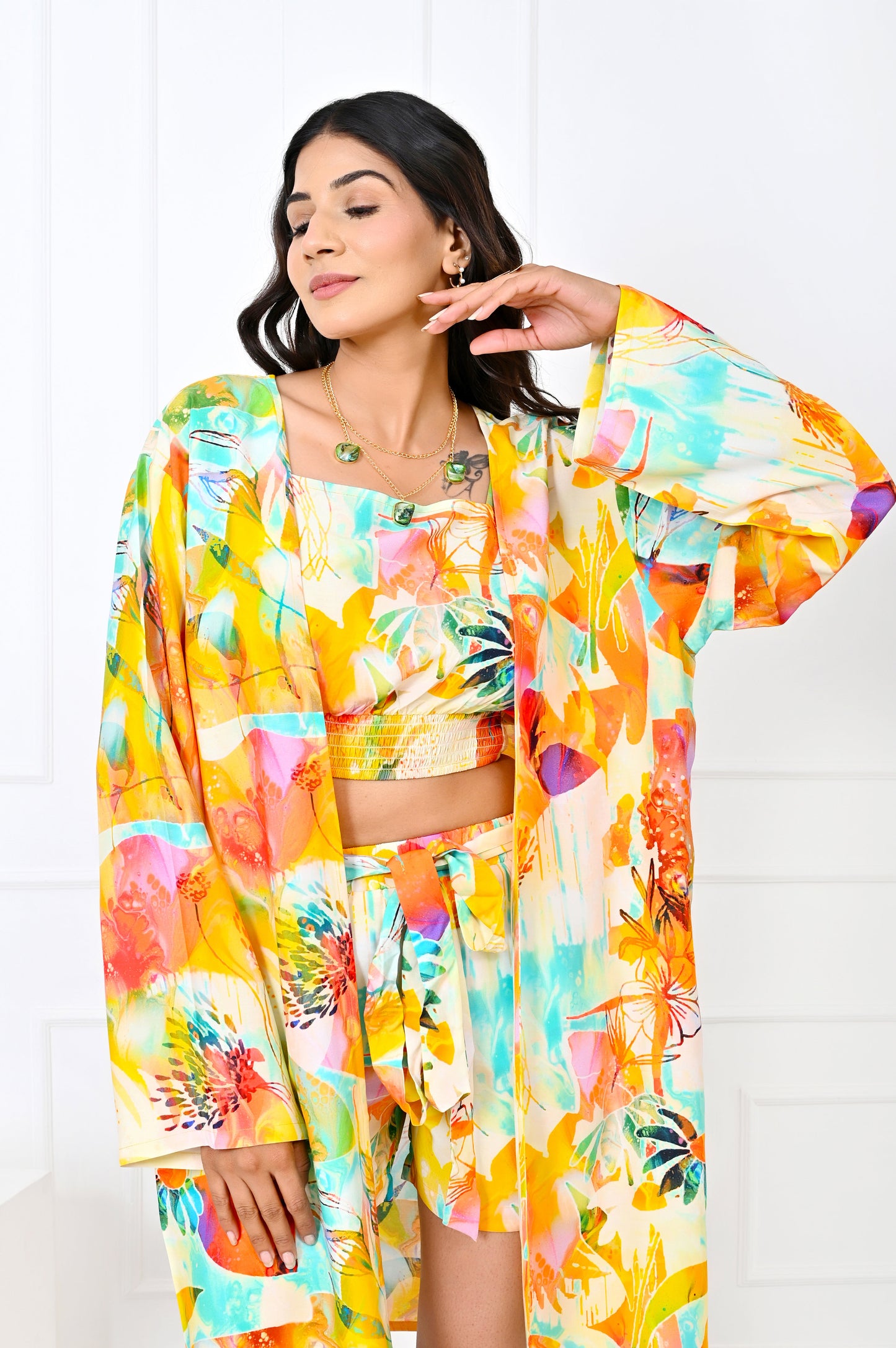 Women’s Yellow Floral Co-Ord Set – Shirt & Shorts Beachwear