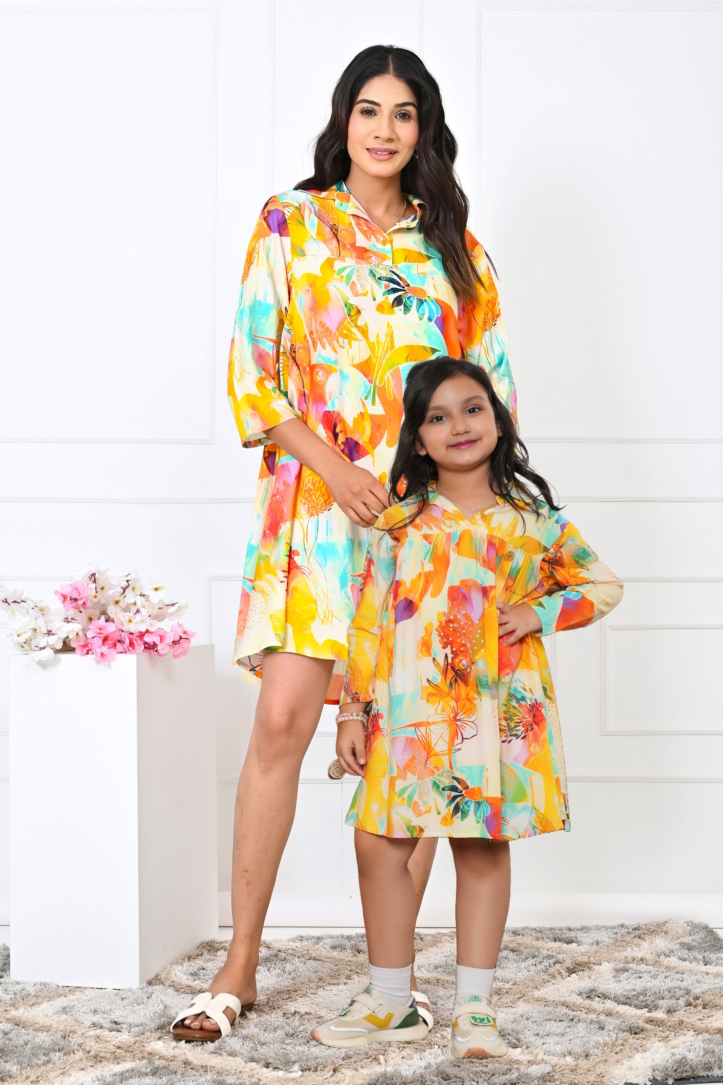 Mother & Daughter Matching Yellow Floral Dress Set – Holiday Outfit