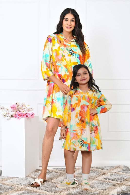 Mother & Daughter Matching Yellow Floral Dress Set – Holiday Outfit