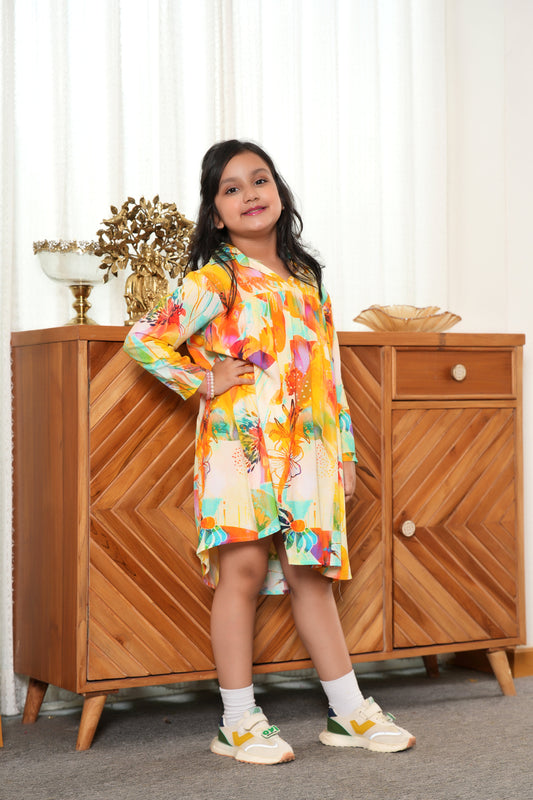 Girl’s Yellow Floral Kurta Midi Dress – Sleeveless Summer Outfit