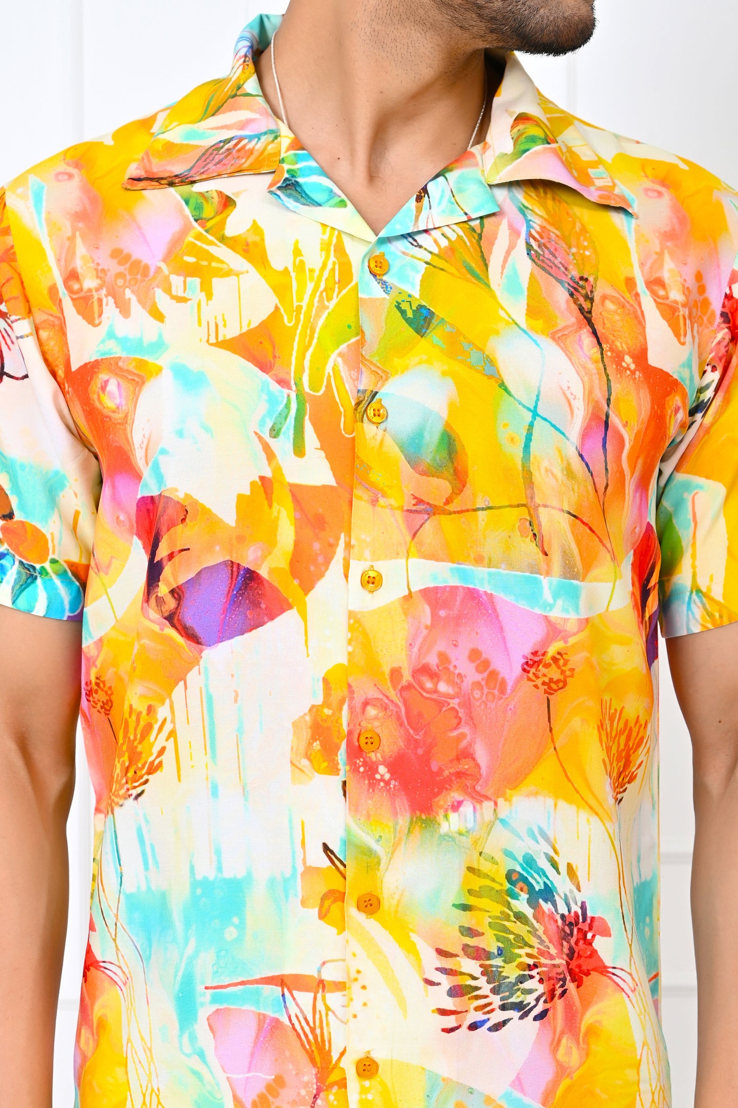 Men’s Yellow Floral Co-Ord Set – Shirt & Shorts Beach Vacation Outfit