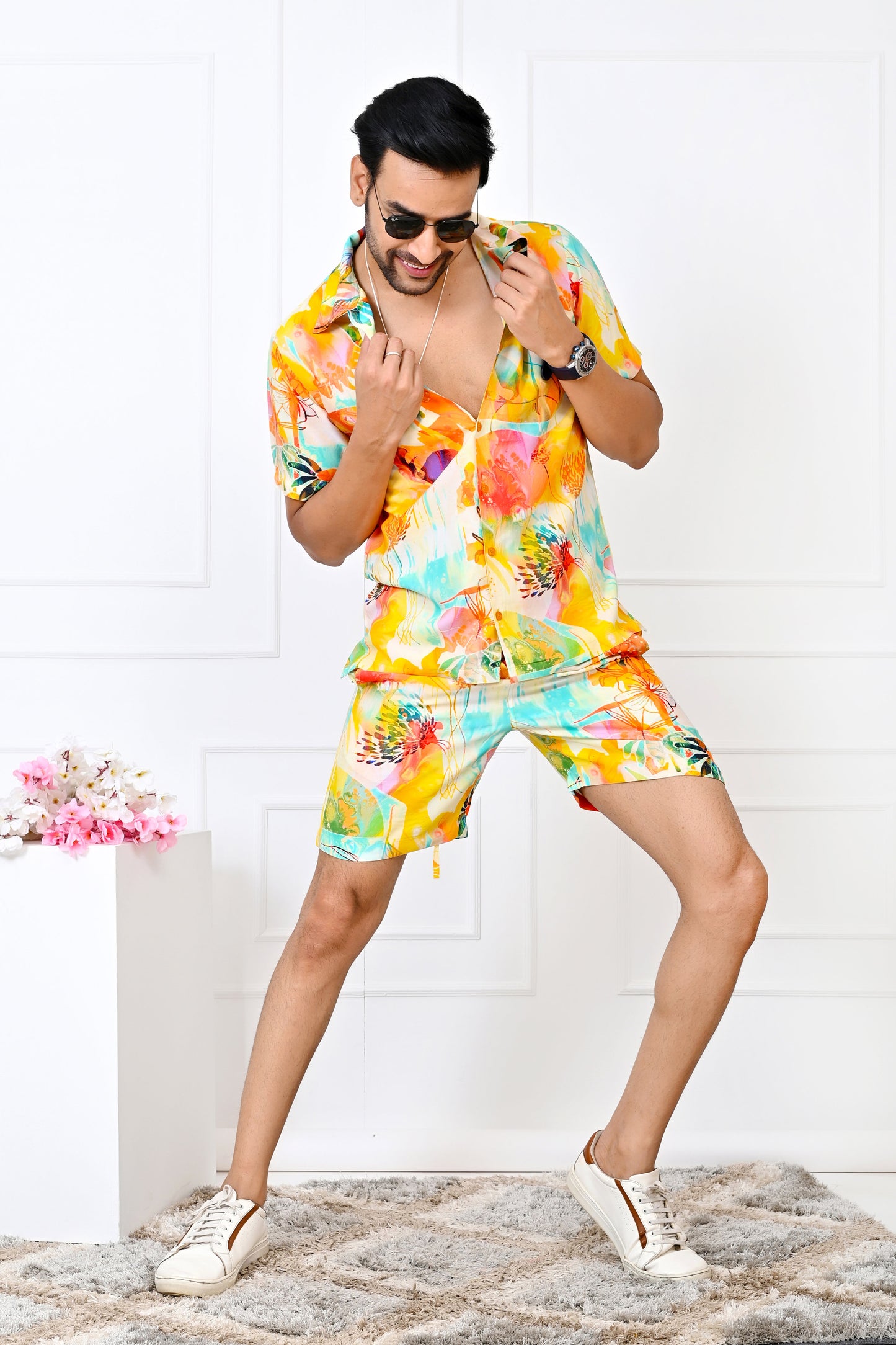 Men’s Yellow Floral Co-Ord Set – Shirt & Shorts Beach Vacation Outfit