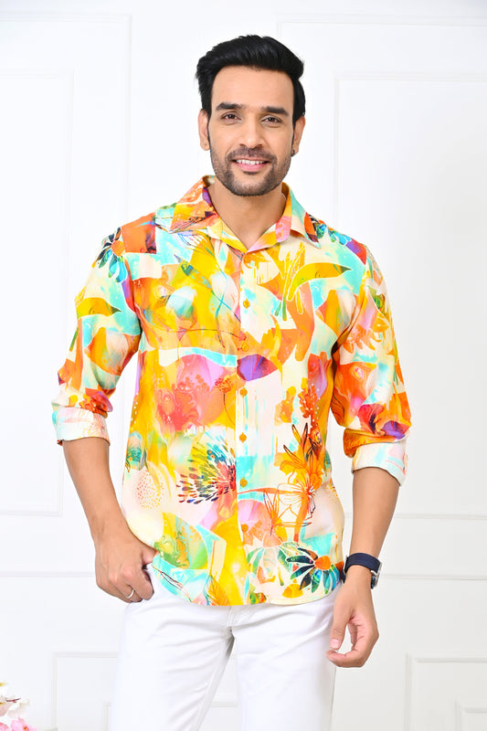 Men’s Yellow Floral Full Sleeve Shirt – Resort Wear Holiday Outfit