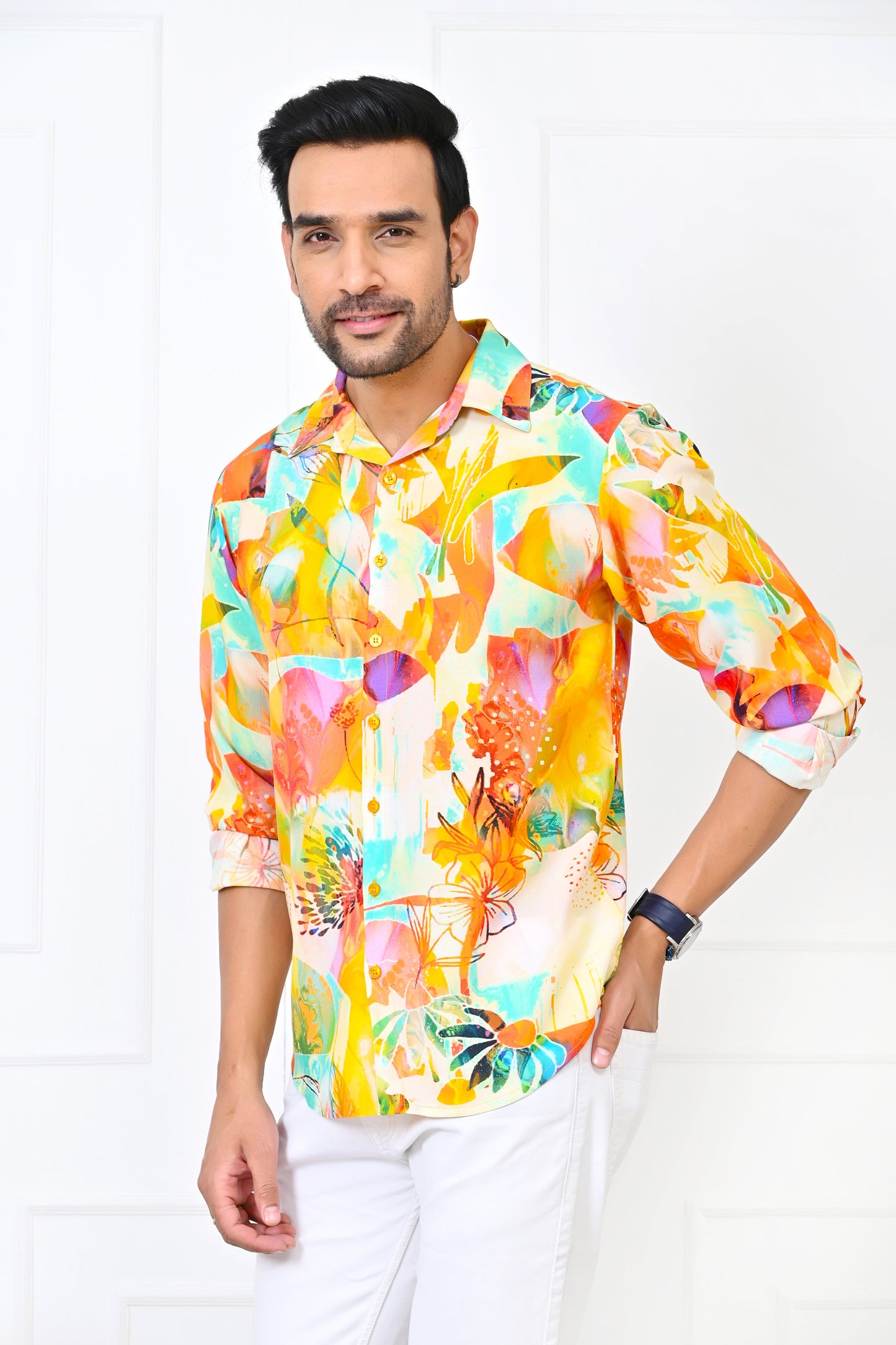 Men’s Yellow Floral Full Sleeve Shirt – Resort Wear Holiday Outfit