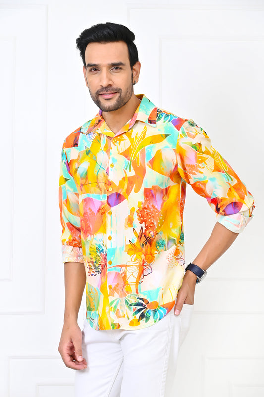 Men’s Yellow Floral Full Sleeve Shirt – Resort Wear Holiday Outfit